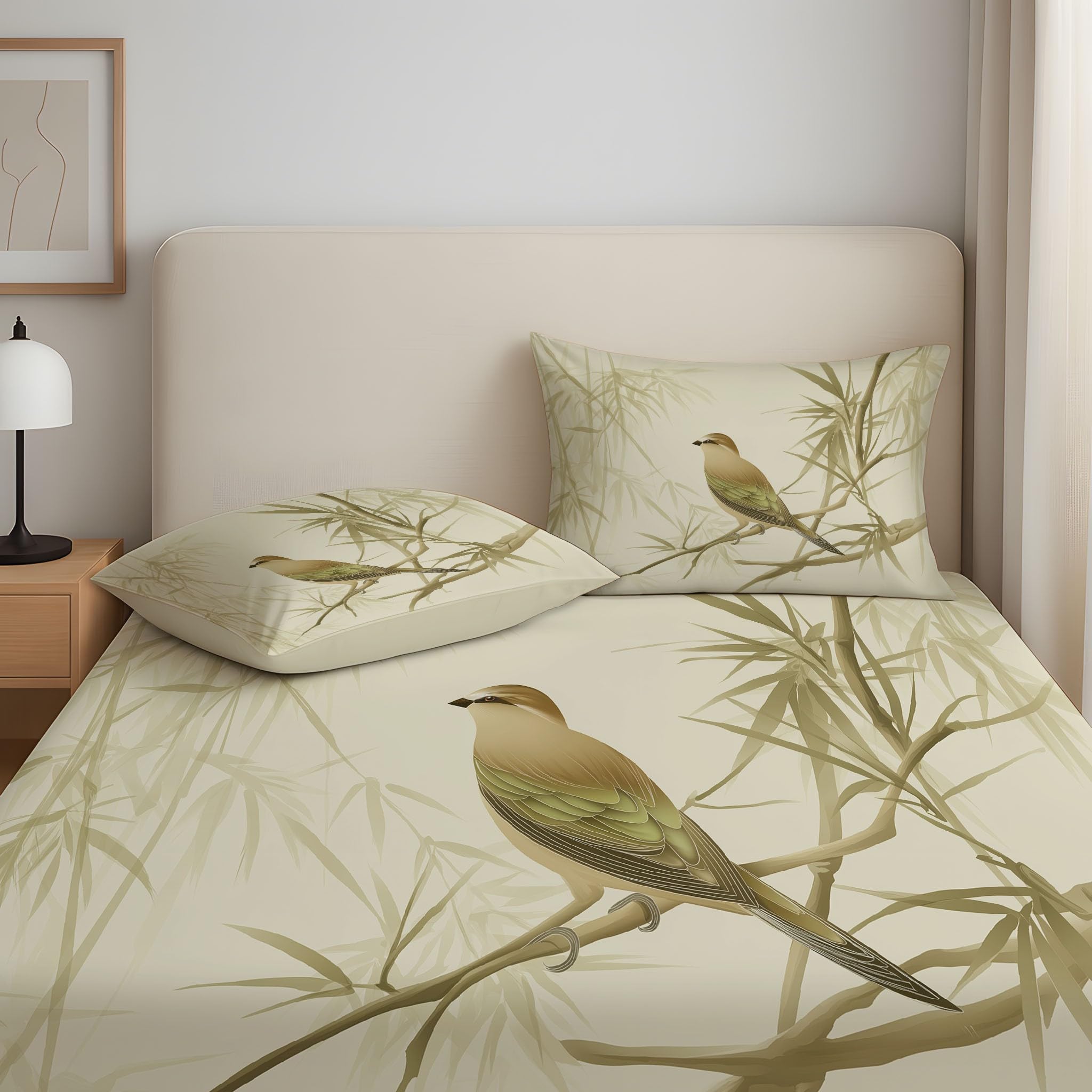 135x190x30 Sabanas Bambú Pájaros Pintura China Lavable en frío Tradicional Cultural Oriental Sabanas Bajeras Completamente Elásticas Natural Tranquilo Fácil de cuidar Sabanas para Niñas & Niños Claro