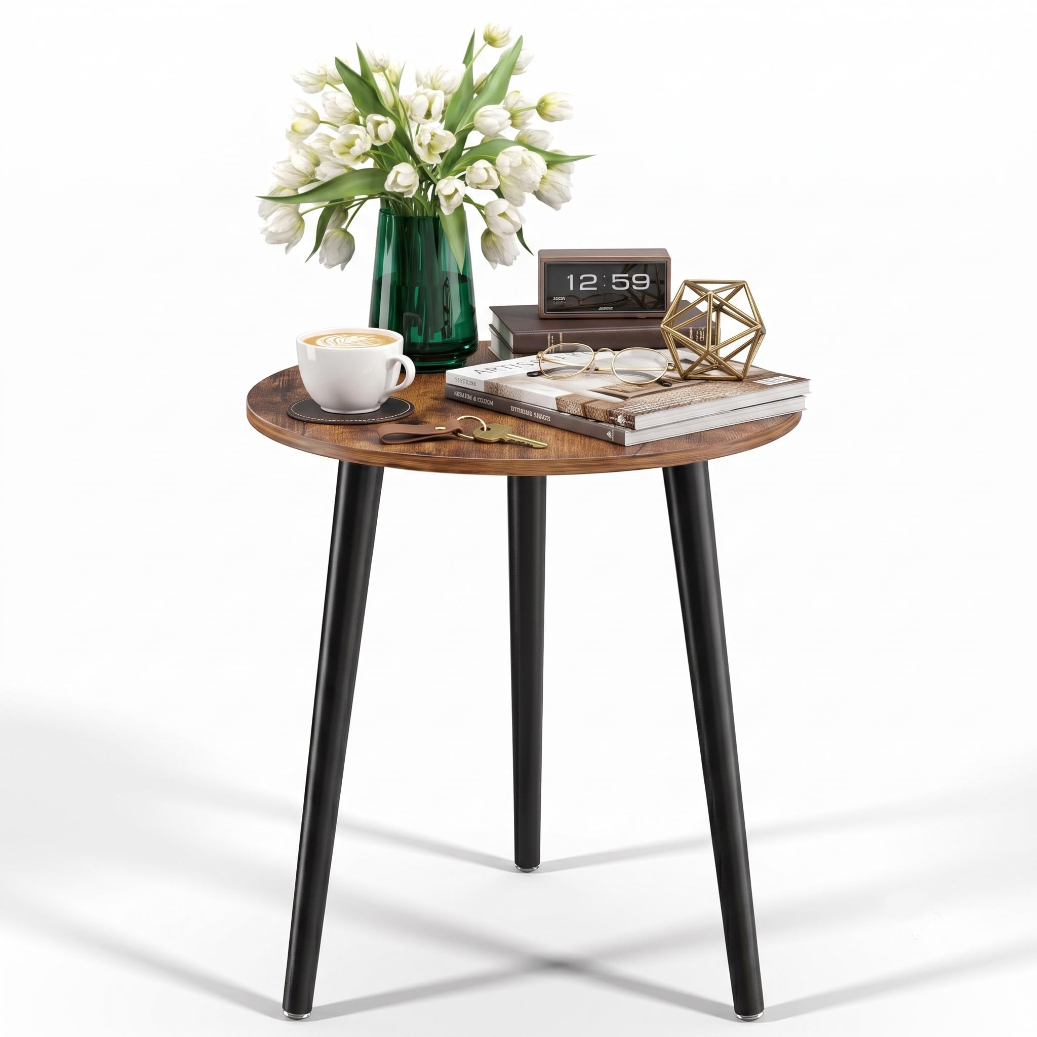 APICIZON Round Side Table, Small End Table with Reinforced Metal Connectors, Wooden Bedside Table for Living Room, Bedroom and Small Spaces, Rustic Brown & Black, Tool-Free Assembly, Ø42 x H51 cm
