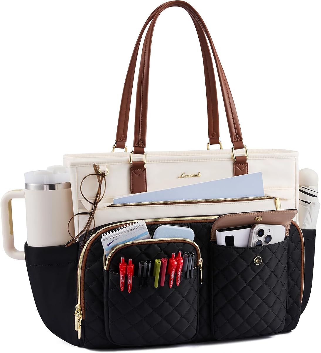 Bolsa de mano para profesora para mujer, bolsa para ordenador portátil con portavasos grande, bolsa de enfermera con múltiples bolsillos, maletín de ordenador de viaje de negocios resistente al agua, bolsa de pañales, regalo para madre, 15,6 pulgadas