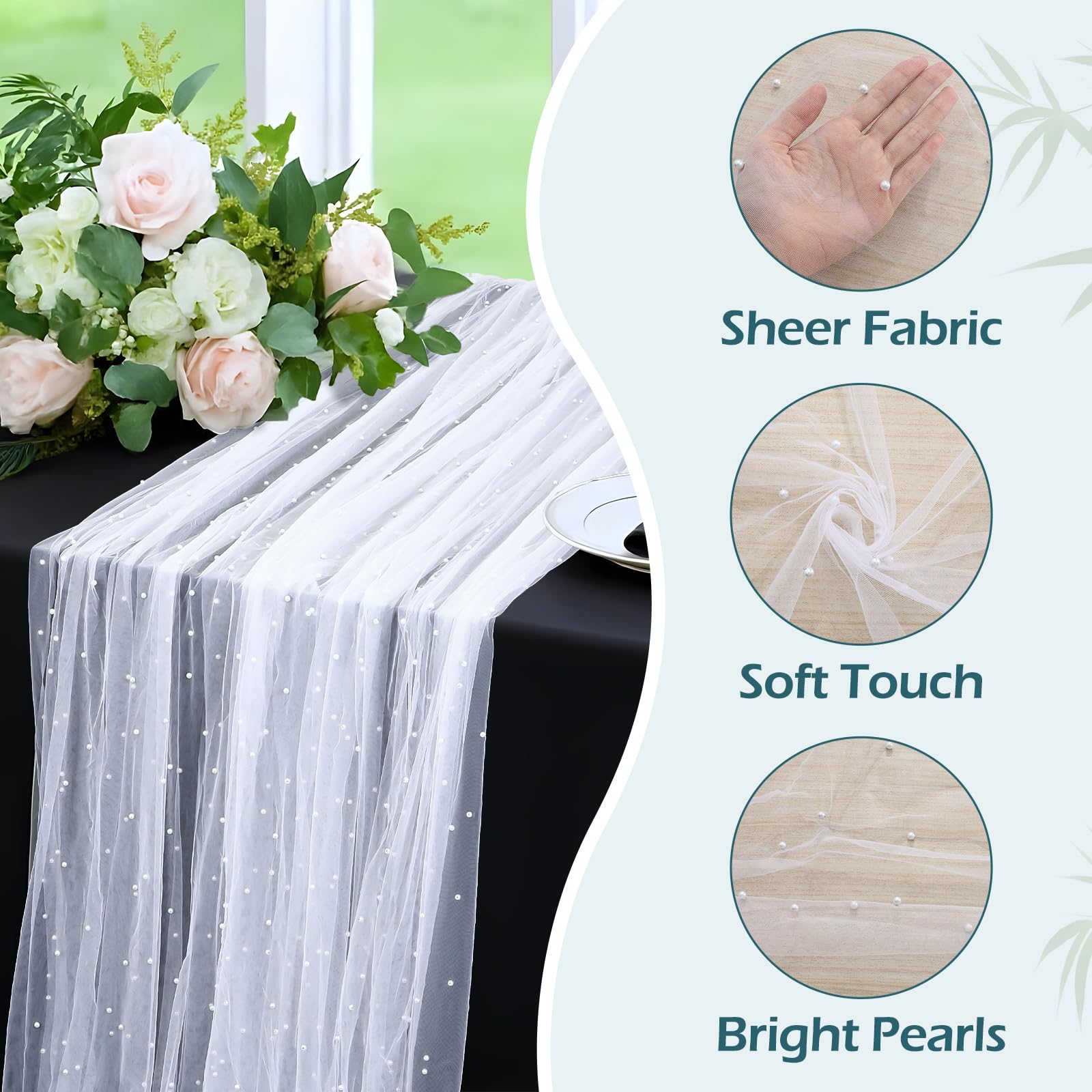 Confezione da 6 runner da tavola in tulle bianco perlato da 3 m, runner da tavola in stile bohémien, rustico, tovaglia per formaggio, romantico, per matrimoni, matrimoni, baby shower, feste di