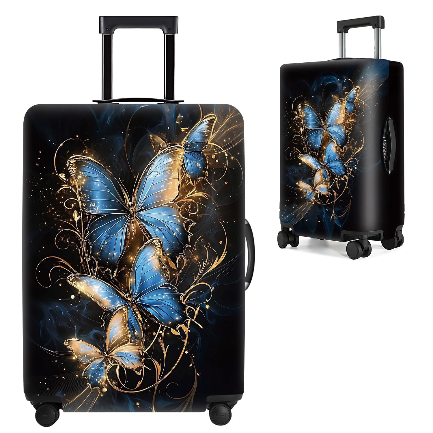Elegant Butterfly Luggage Cover for 20-22 Inch Suitcase – Blue and Gold Artistic Insect Design Travel Protector – Washable Stretch Suitcase Cover for Stylish Travelers,S
