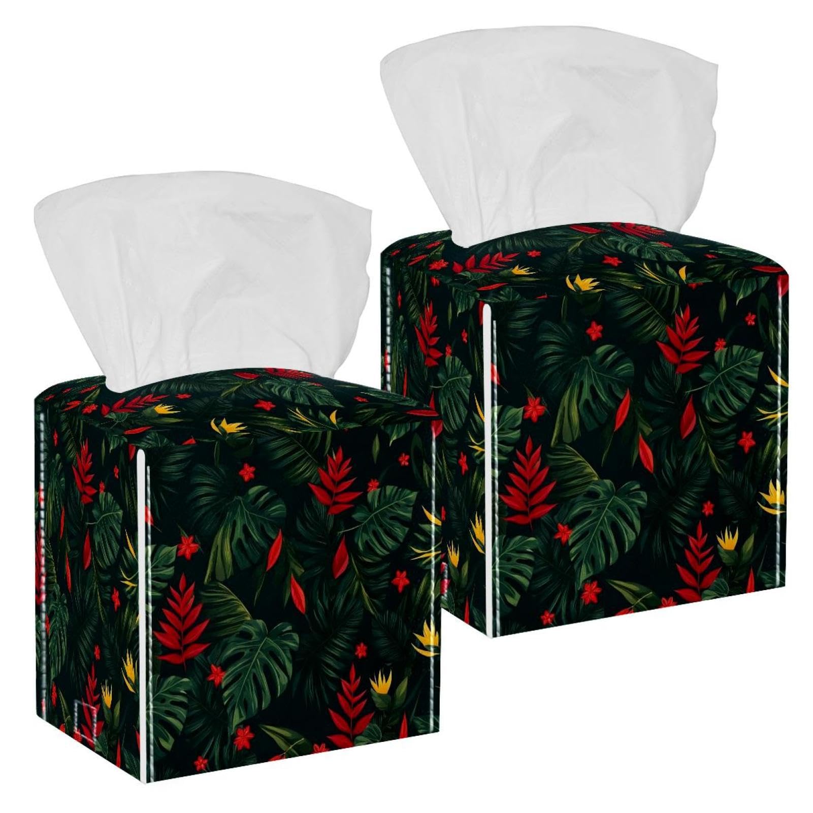 Tropical Palm Tissue Box Cover, 2 Pack PU Leather Square Facial Tissue Dispenser Box holder for Home Office Car