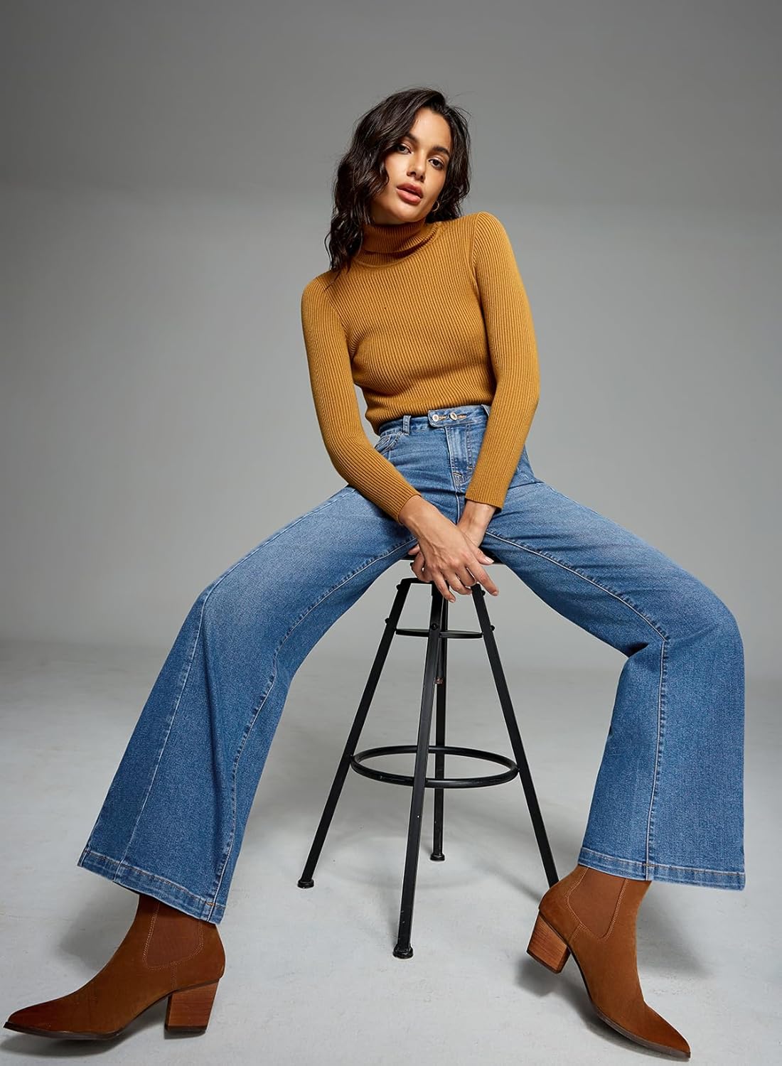 Sidefeel Women's Wide Leg Jeans High Waisted Stretchy Baggy Front Seam Denim Pants - Image 4