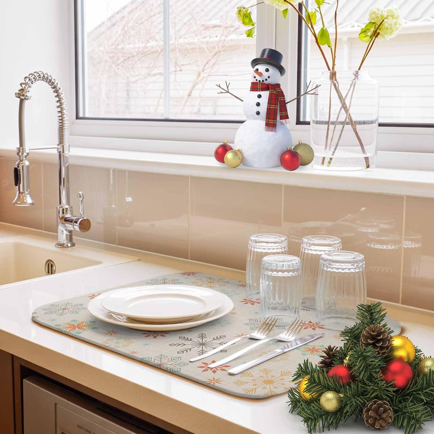 Vintage Christmas Snowflakes Dish Drying Mats for Kitchen Counter,Absorbent Microfiber Dish Drainer Rack Mat Geometric Pattern on Linen Drying Pad for Sinks,Utensils,Countertops,18x24in