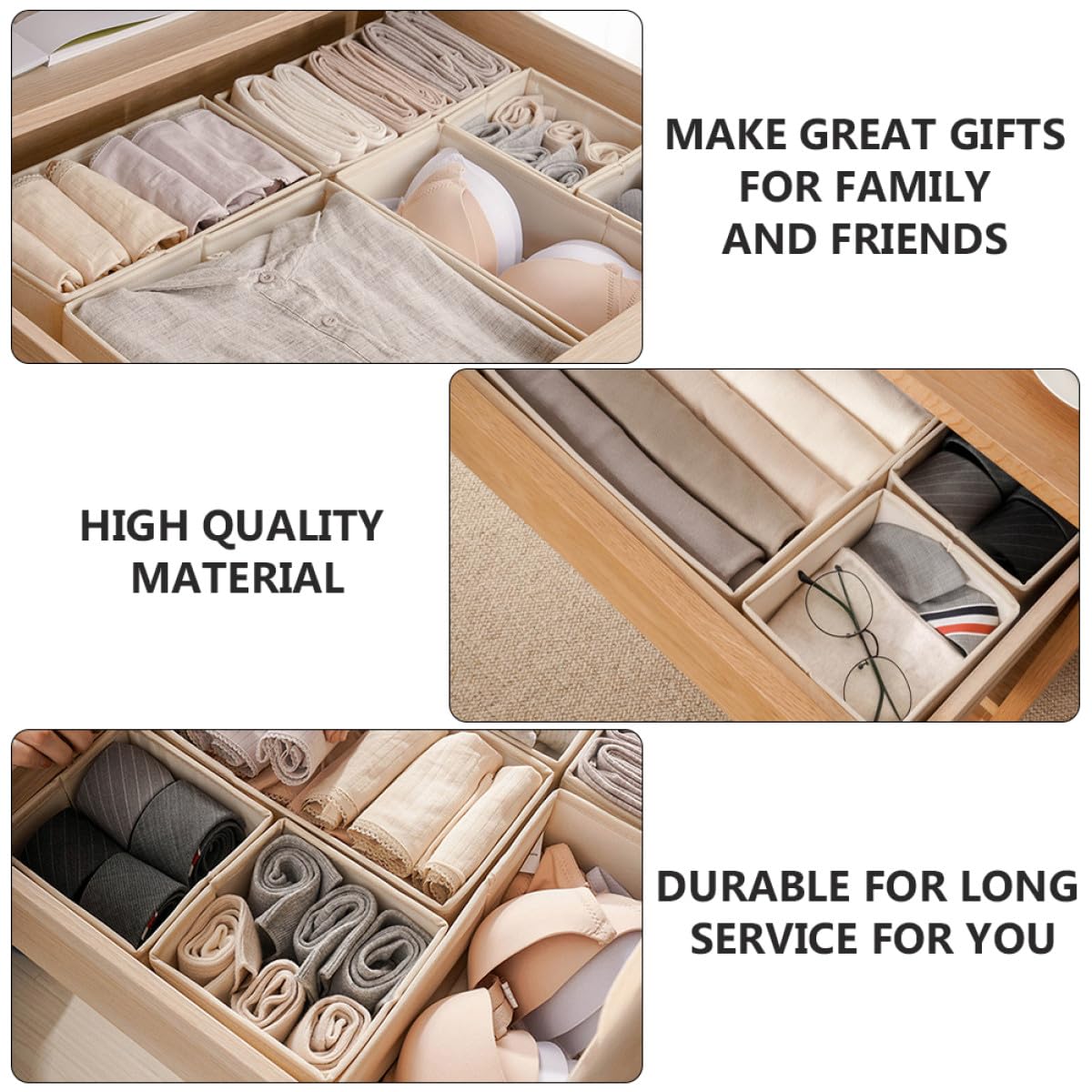 Set 3 Organizer per Cassetti Beige, Scatole Portaoggetti Divisorie per Reggiseni e Calzini, Contenitori per Armadio Casa, Organizzatore Biancheria Intima Pieghevole per Camera