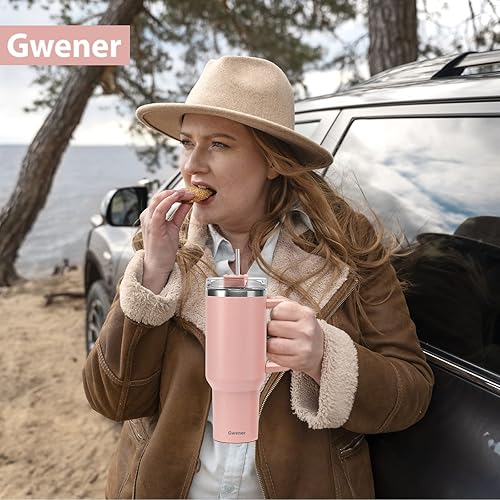 Miniatura 3 de Vaso de 40 onzas con asa y tapa con pajilla, vaso aislado de acero inoxidable, taza de viaje, para bebidas calientes y frías, taza de café de viaje