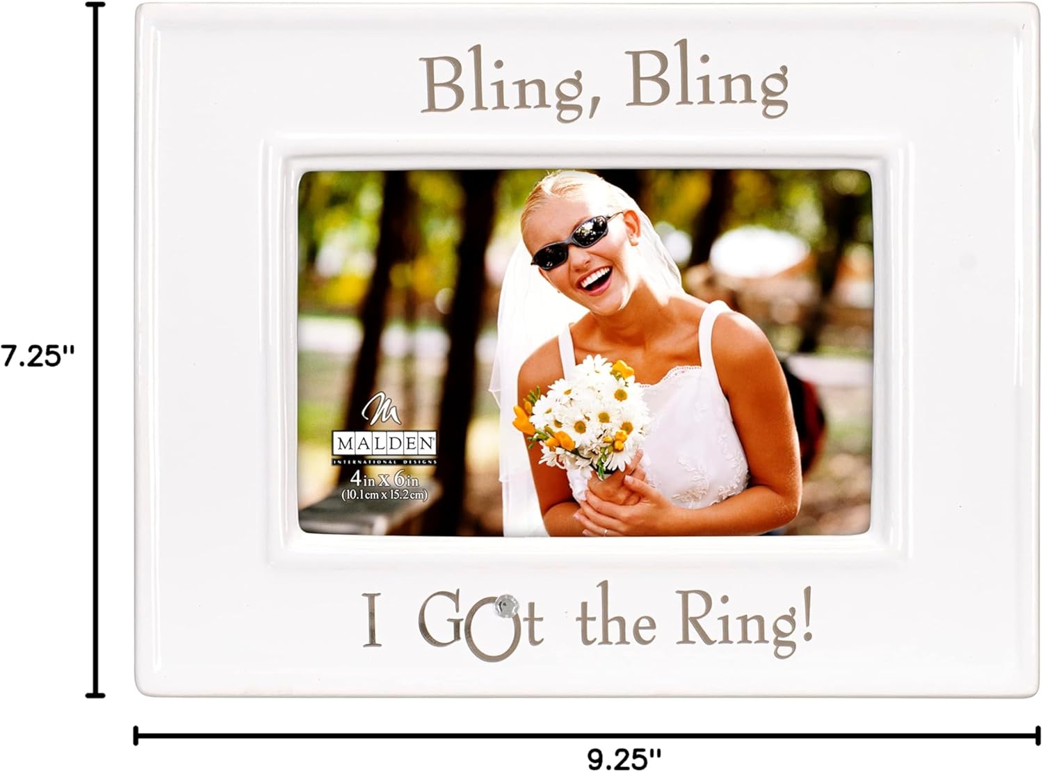 Malden International Designs Glazed Ceramic With Silver Accents Bling Bling I Got the Ring Picture Frame, 4x6, White