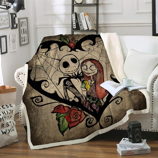 WONGS BEDDING Skull Throw Blanket Nightmare Before Christmas Printed Solid Sherpa Blanket for Kids Adults Soft Fuzzy Reversible Flannel Fleece Blanket for Bed and Couch Single Size 130X150cm