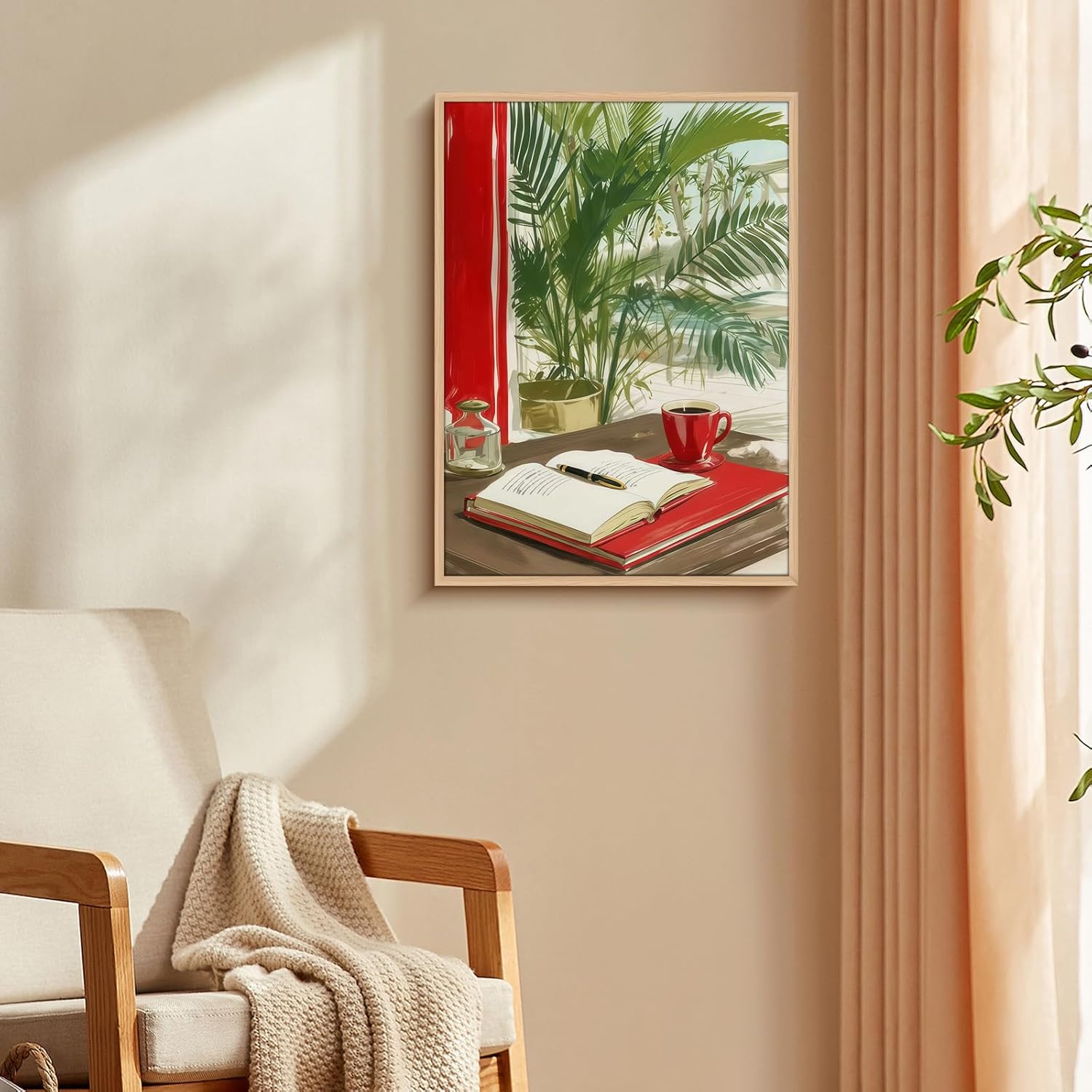 Framed Coffee and Journal Wall Art Cozy Morning Poster with Red Cup and Notebook Tropical Plant Canvas Print Modern Home Painting for Living Room Kitchen Office Ready to Hang Wood Frame16x24Inches
