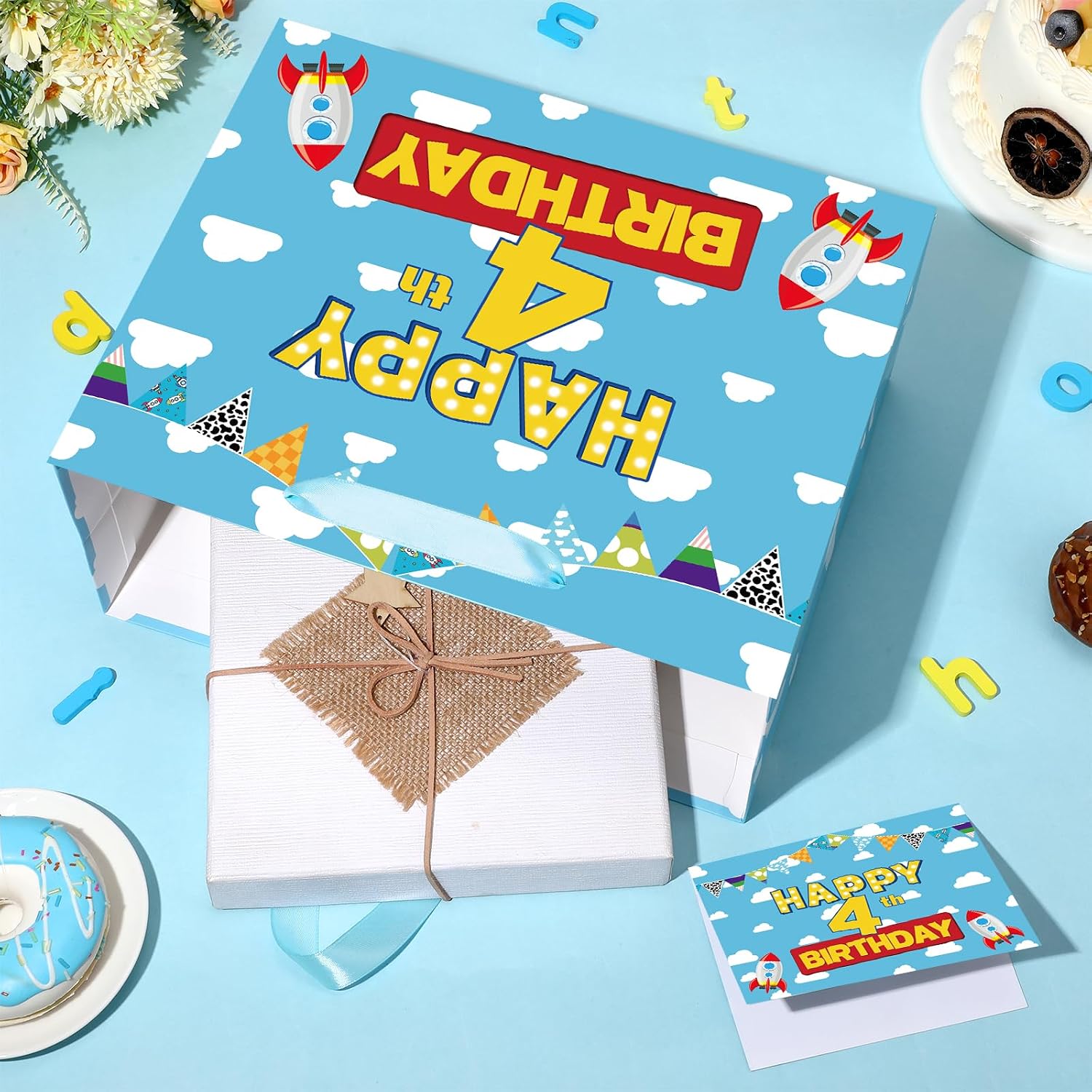 TagreSpike Cartoon Story 4th Birthday Gift Bag with Tissue Papers and Card, Blue Sky White Clouds Happy 4th Birthday Wrapping Paper Bag for Boys Girls Story Theme Four Years Old Party Favors