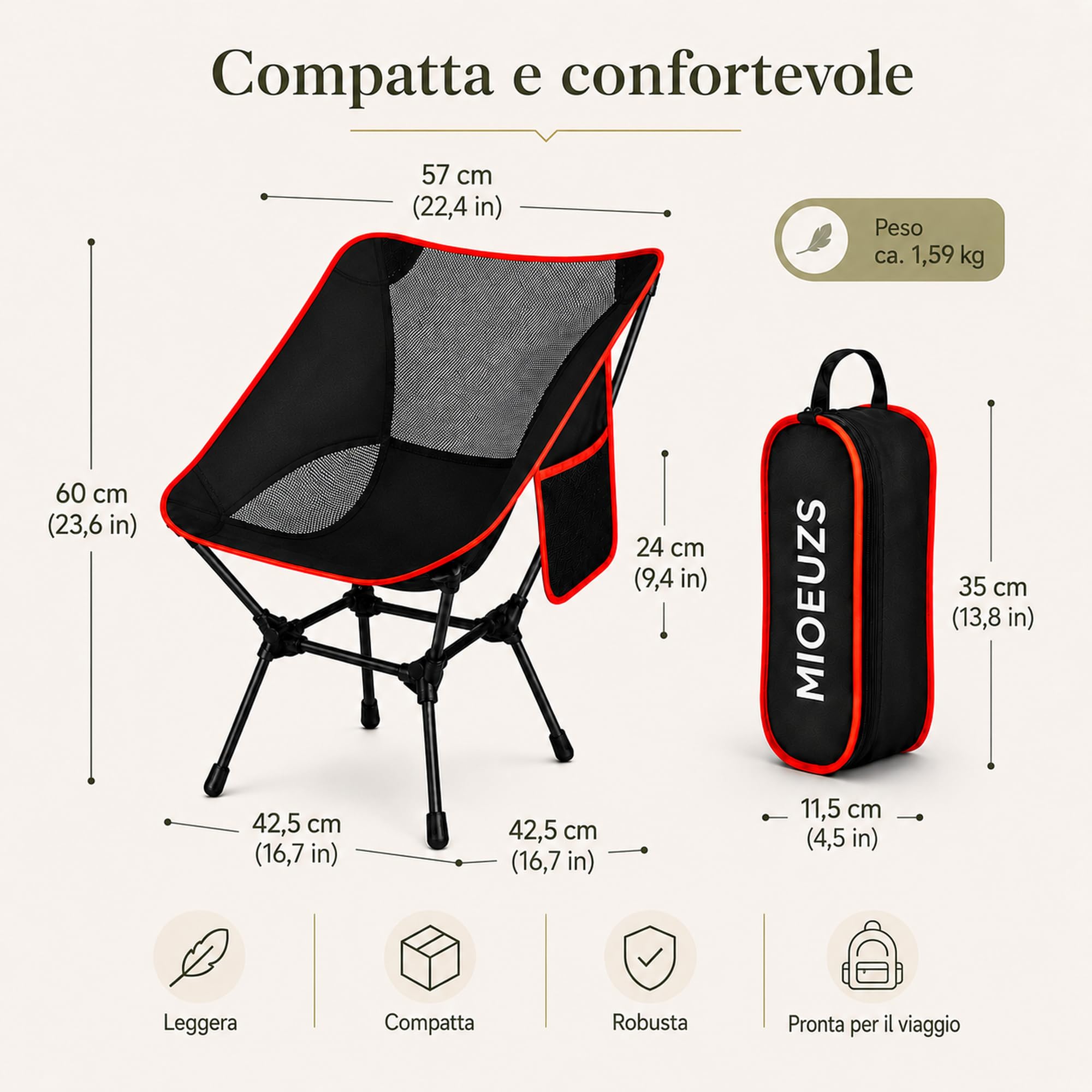 Sedia da spiaggia pieghevole fino a 120 kg, sedia campeggio pieghevole Oxford 900D con tasca laterale e borsa di trasporto, per mare, pesca, giardino ed esterno