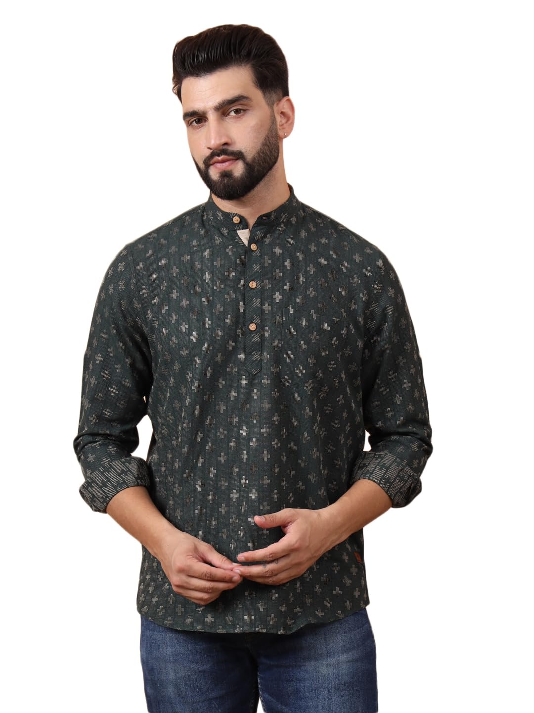 latest chikan Men's Cotton Regular Self Design Short Kurta Full Sleeves - Casual Ethnic Wear-picture-26