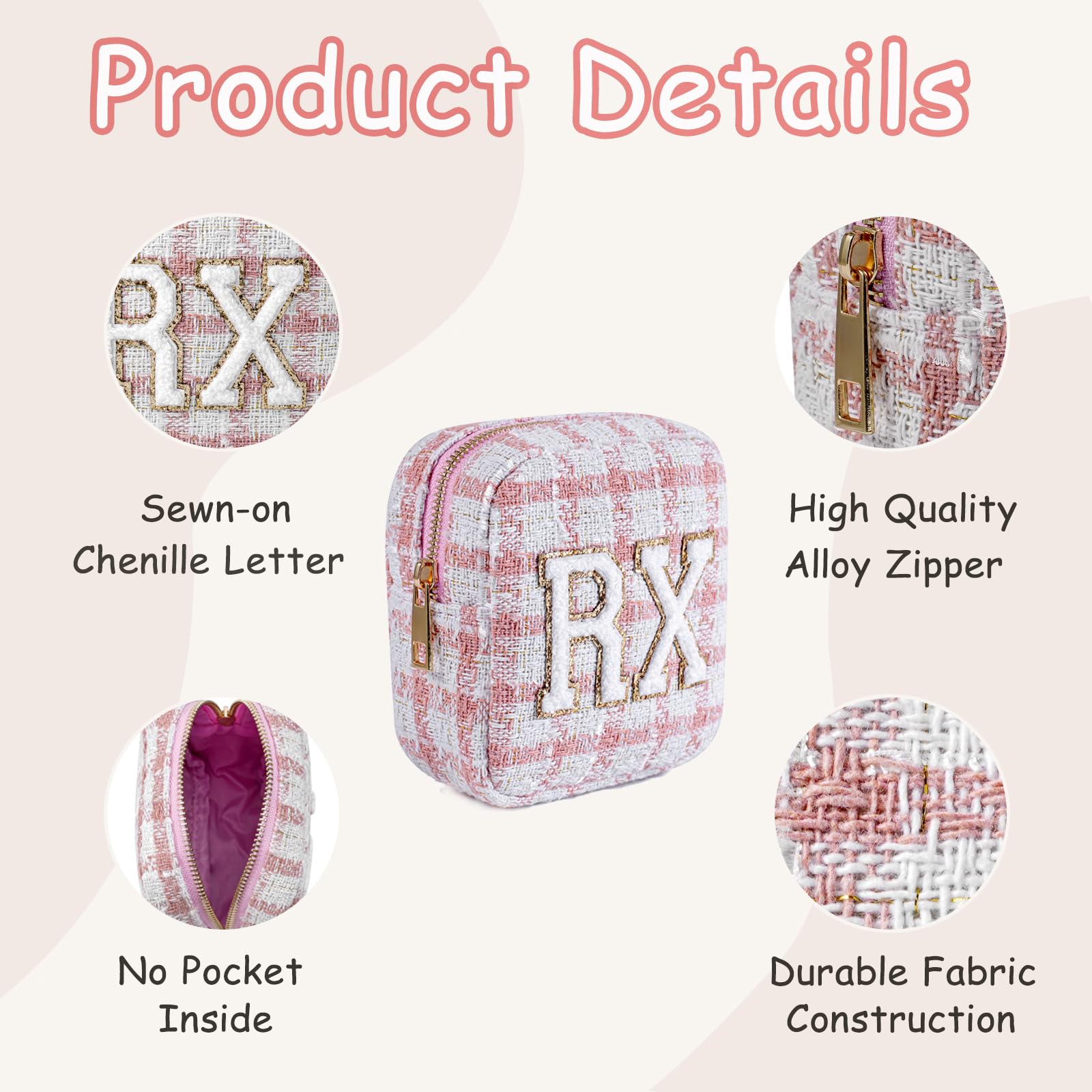 RSRSLEII Pequeña bolsa de medicina para viajes, bolsa personalizada de chenilla RX a cuadros para mujeres y niñas, bonitas bolsas de maquillaje para medicamentos con cremallera, 03Negro Cuadros