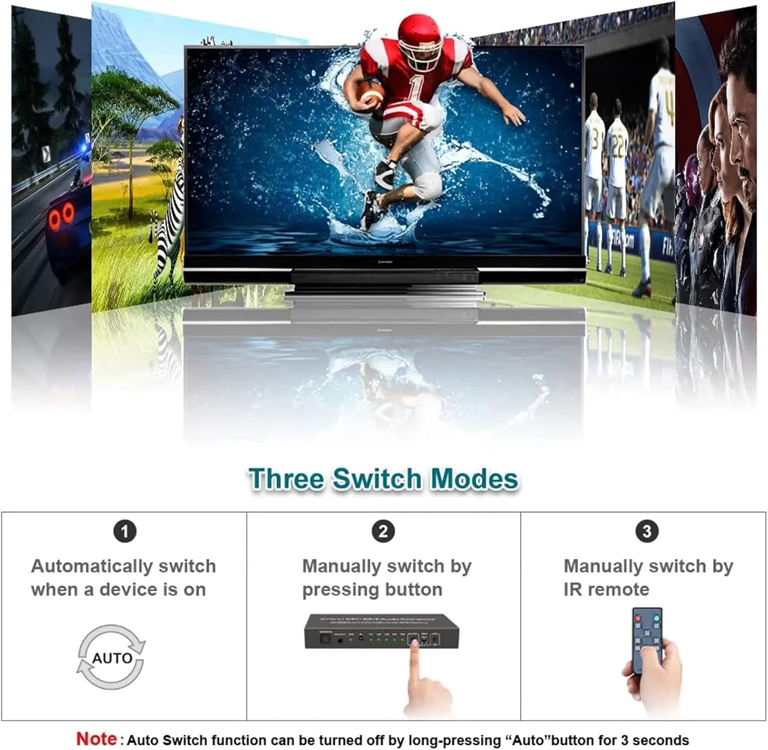 5 Port 4K@60Hz HDMI Switch & 3.5mm Audio Out, 5 in 1 Out HDMI 2.0 Switch Audio Extractor with Remote(AU Plug)