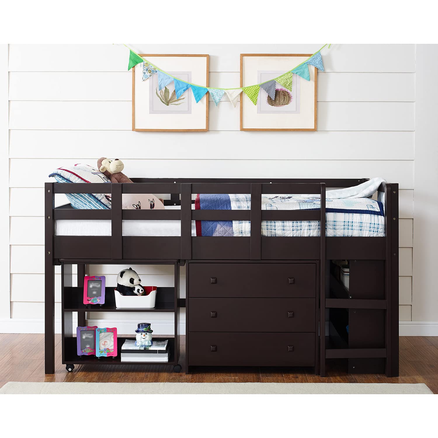 Twin Loft Bed with Desk, Low Study Loft Bed Frame with Storage