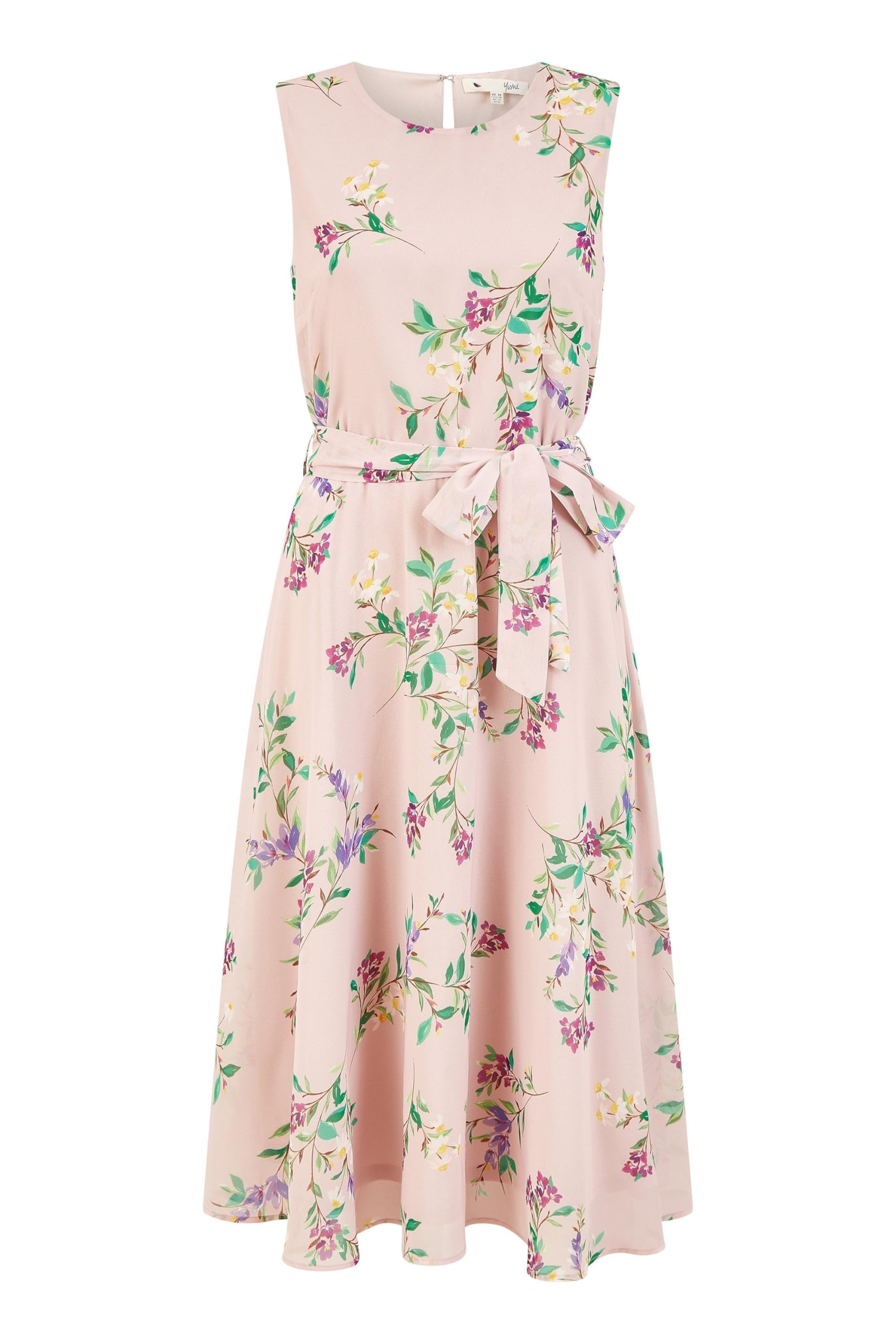 Yumi Blush Floral Print Midi Skater Dress (UK, Numeric, 14, Regular, Regular, Pink)