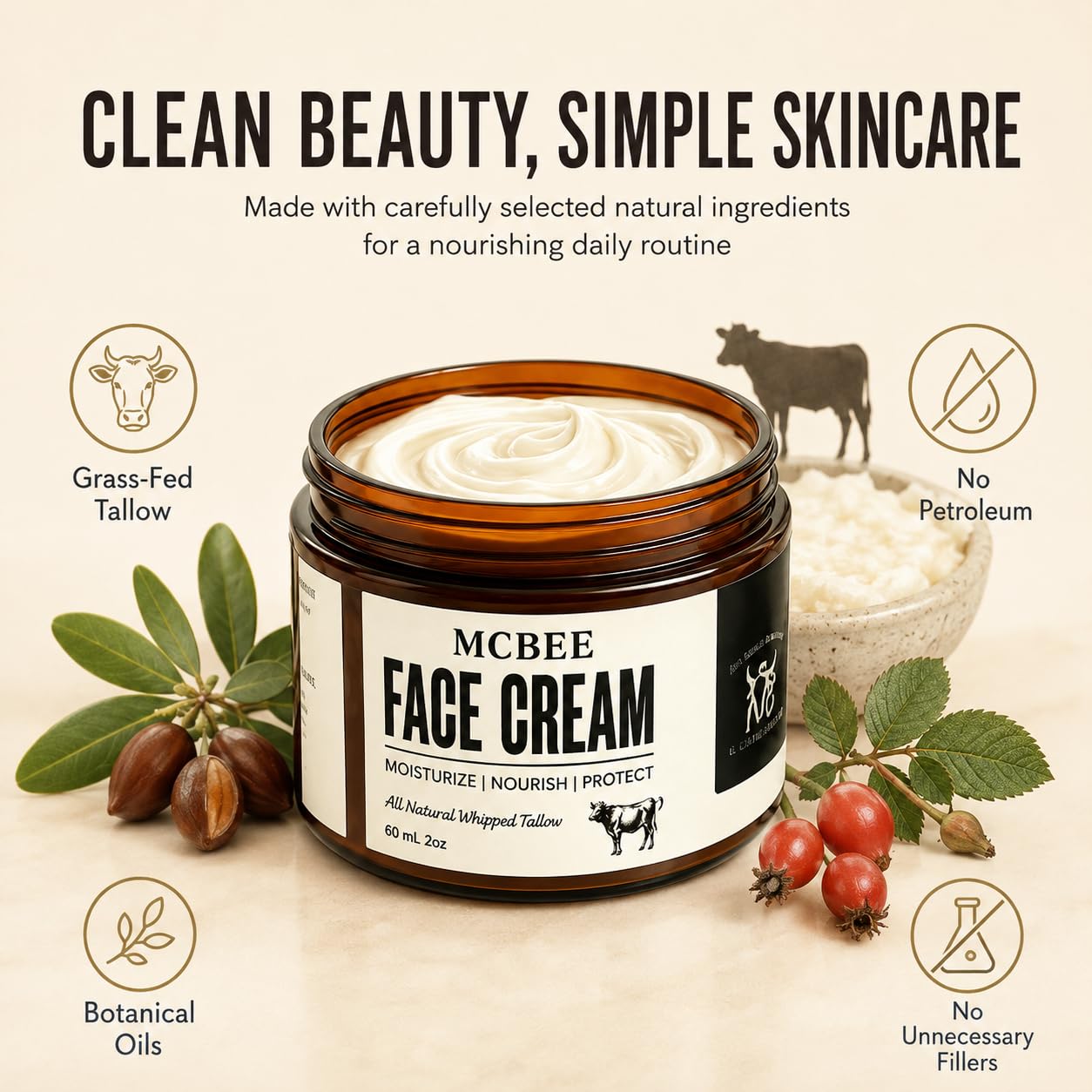 Mcbee Tallow Mcbee Beef Tallow for Face, Whipped Tallow Moisturizer for Deep Hydration, Natural Daily Facial Moisturizer for All Skin Types, 2 Oz image 2