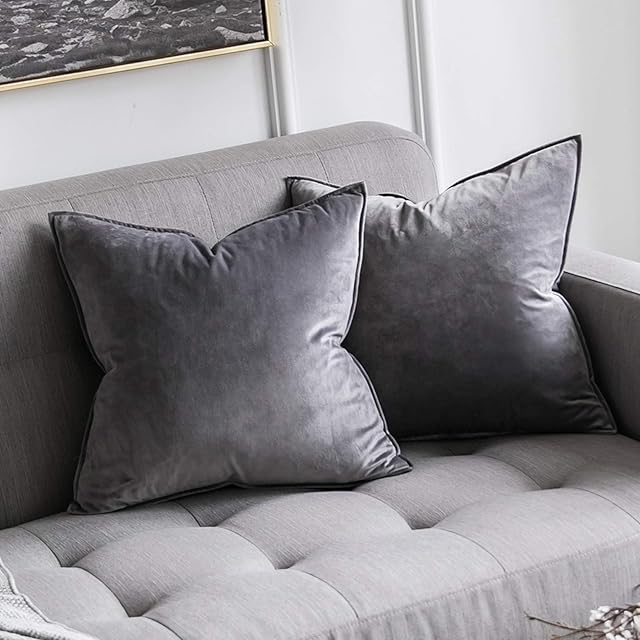 MIULEE Pack of 2 Velvet Soft Decorative Square Throw Pillow Case Flanges Cushion Covers Pillowcases for Livingroom Sofa Bedroom with Invisible Zipper 45cm x 45cm 18x18 Inch Set of 2 Light Grey