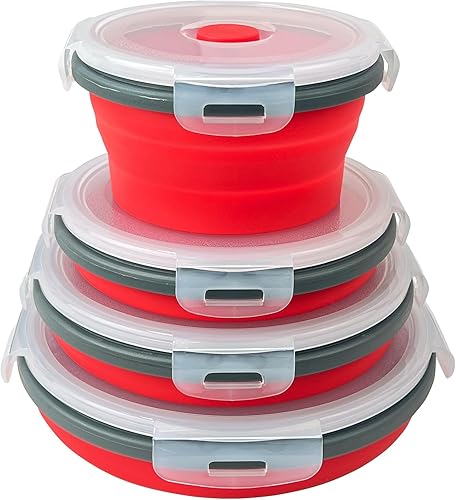 Guyuyii Paquete de 4 cuencos plegables con tapas, juegos de recipientes de alimentos que ahorran espacio para cocina del hogar, caravana,