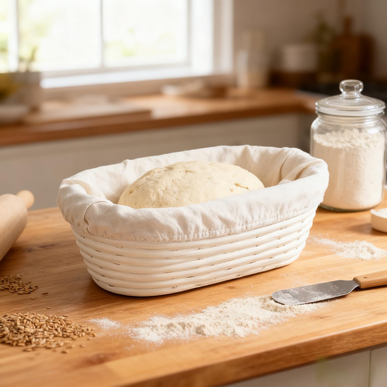 Banneton pour Pain - Lot de 2 Corbeilles à Pain Ovales 25x15x8cm - Panier de Fermentation en Rotin Naturel avec Insert en Lin - Pour Levain et Pâte