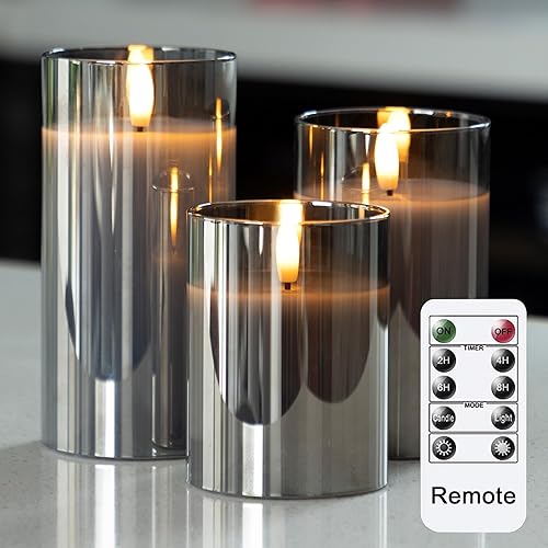LUSHABOR - Velas sin llama con control remoto, paquete de 3 velas de vidrio a pilas con temporizador, velas LED de vidrio de cera real parpadeantes