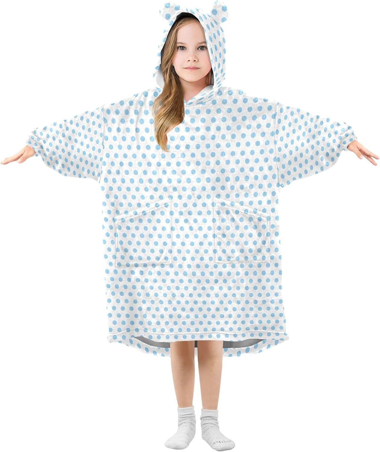 Light Bluedot Wearable Blankets for Kids, Soft Warm Cozy Blanket Hoodie for Boys Girls with Pocket