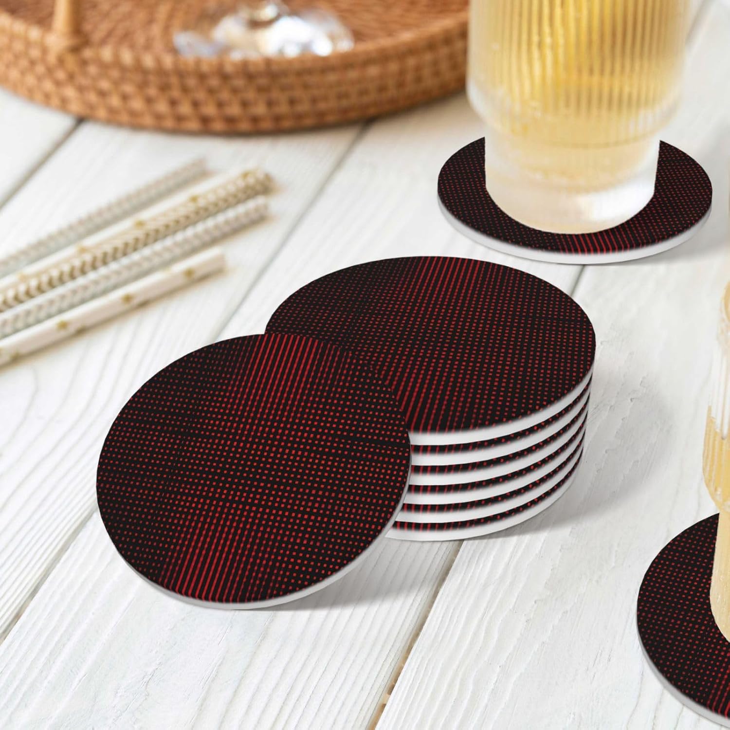 (Black and red Striped) Ceramic Coasters Set of 6 with Holder Non-Slip Round Coffee Coasters for for Cup Mug Drink Patio Coffee Table Decor, Christmas Coasters Home Bar Supplies