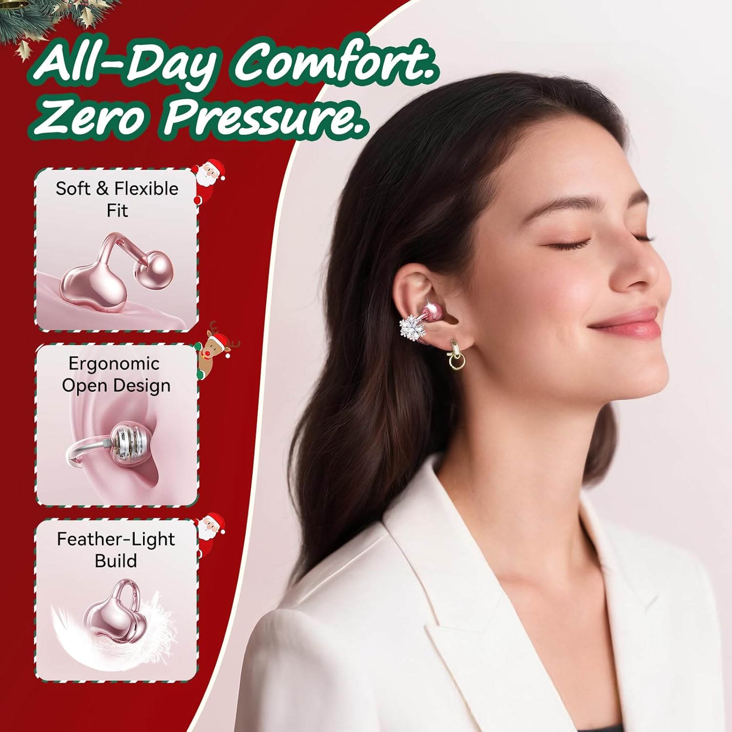 Kinglucky ClipFree Open-Ear Headphones with Snowflake Earrings, Ultra-Comfort & Snug Fit Clip On Earbuds, 50H Playtime Bluetooth 6.0 Wireless Headphones for Women Gifts, Sports & Workouts (Rose Gold) - Image 2