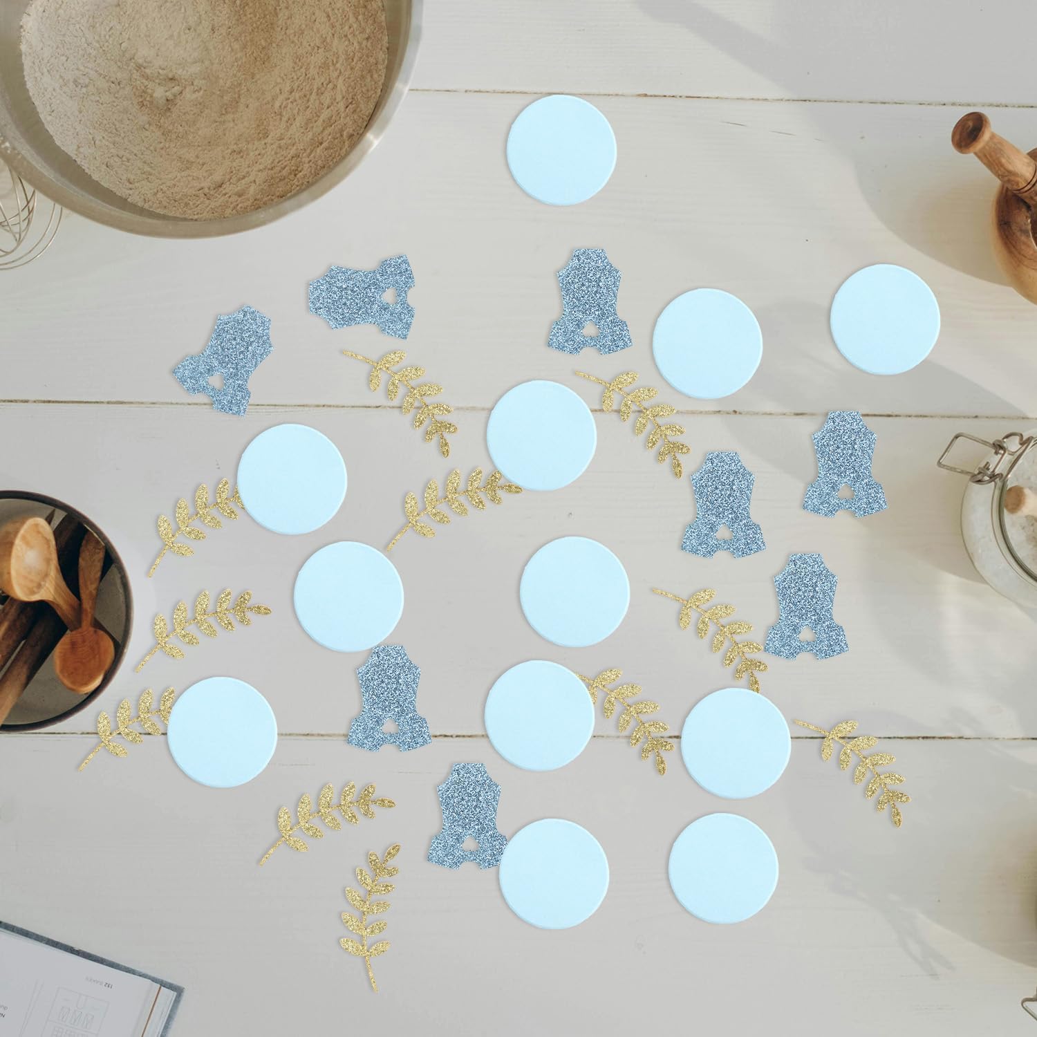 200pcs Baby Shower Confetti, Blue Gold Paper Table Confetti Decorations for Baby Shower Round & Clothes & Leaf Design Table Scatter for Gender Reveal Party Decor