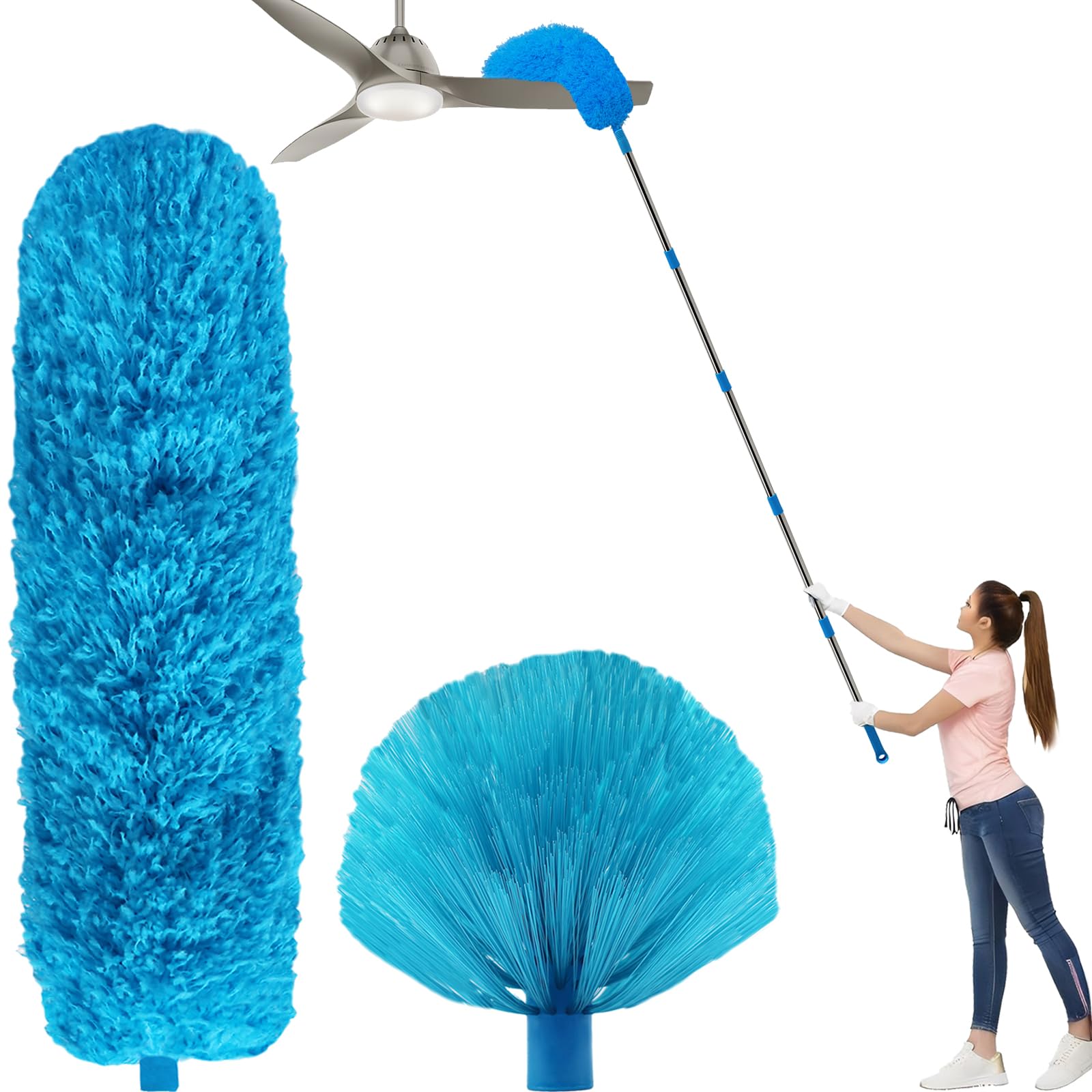 Kit de plumero de más de 20 pies de alto alcance con poste de extensión de 3 a 13 pies, plumero de limpieza de telaraña y cepillo de esquina para limpieza, limpiador de plumas de microfibra con