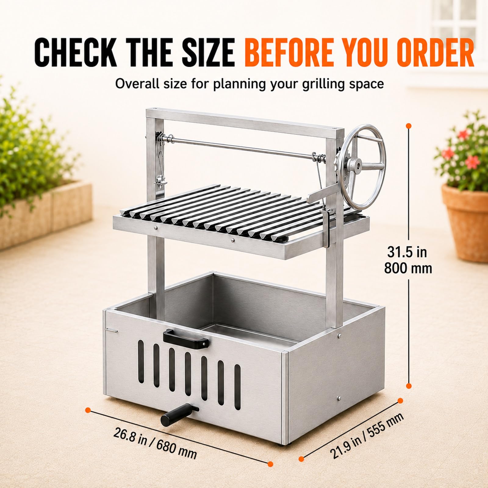 Barbecue Santa Maria Stile Argentino, griglia a V Regolabile con manovella, Acciaio Inox per Cottura a carbonella, Giardino, terrazza e Uso Esterno