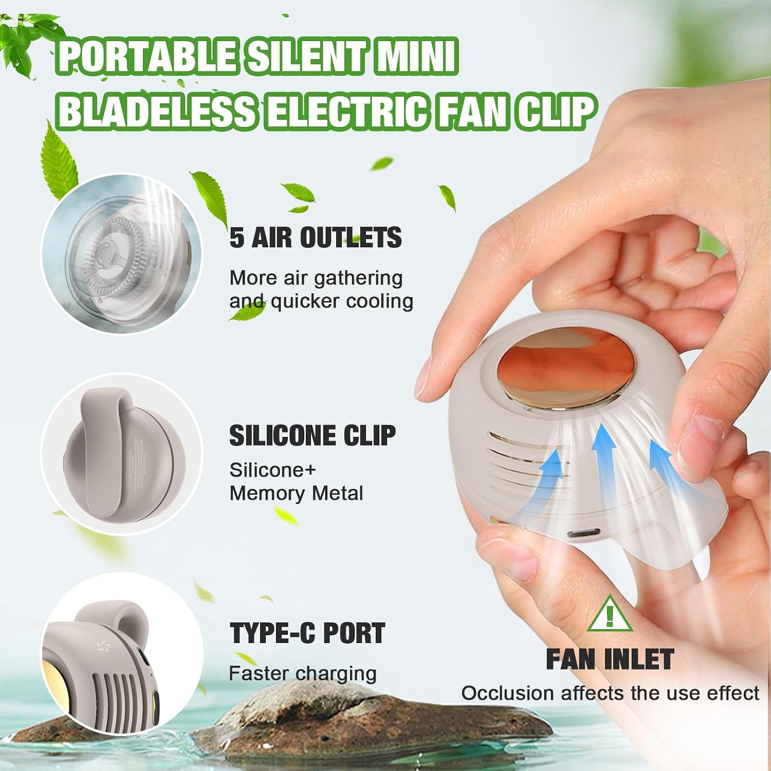 Portable Silent Mini Bladeless Fan Clip on, Portable Silent Mini Bladeless Electric Fan, For Outdoor & Travel & Office, Travel Accessories, Gift, Adjustable 3-Speed (Type-c, White)