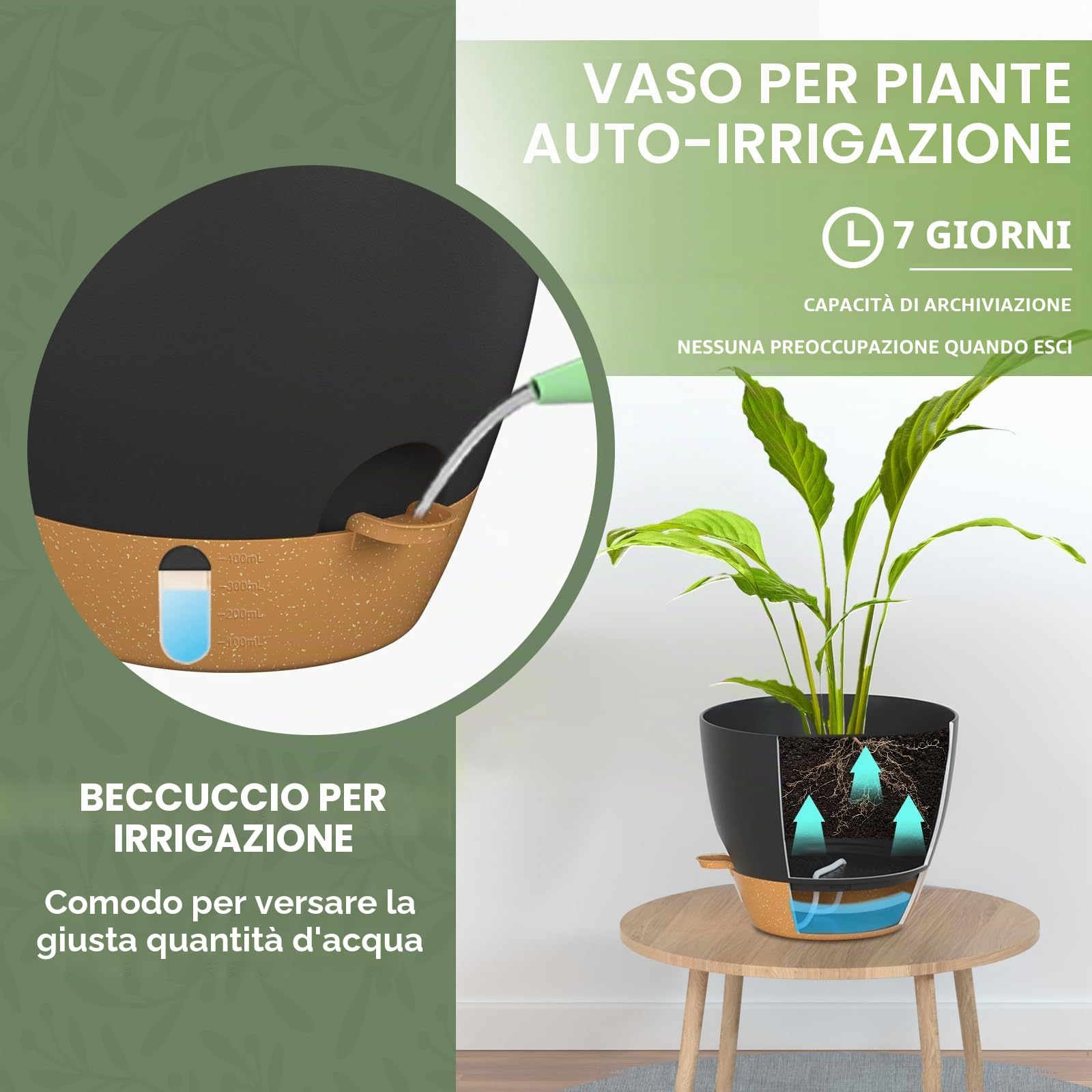 ZMTECH Vaso Autoinnaffiante Da 25 cm Con Fori Di Drenaggio e Sottovaso Per Piante Da Interno, Da Esterno e Da Giardino (Nero, Set Di 2)