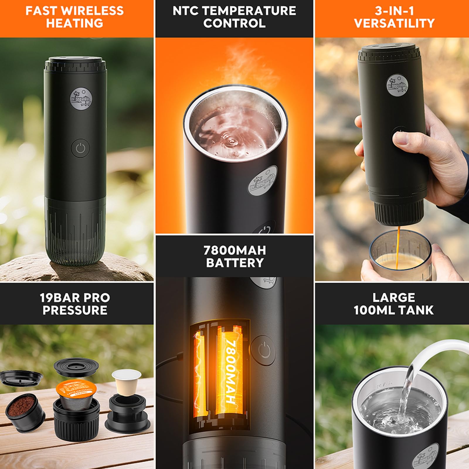 Máquina de café espresso recargable de 7800 mAh, 19 bares, diseño pequeño, apto para cafeteras de una sola taza doble, USB, cafetera