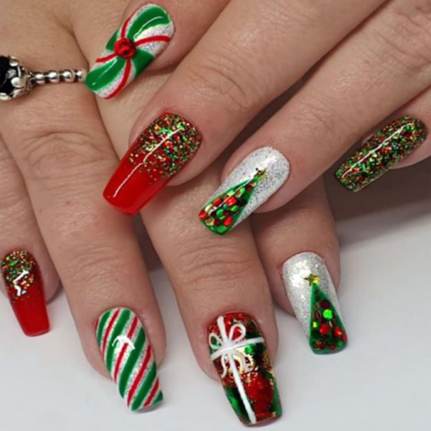 24 Pcs Press On Nails: Medium Length Christmas Tree Shape - Red & Green Stripe Bow Acrylic Nails with Glitter For Women & Girls - Xmas & New Year Nail