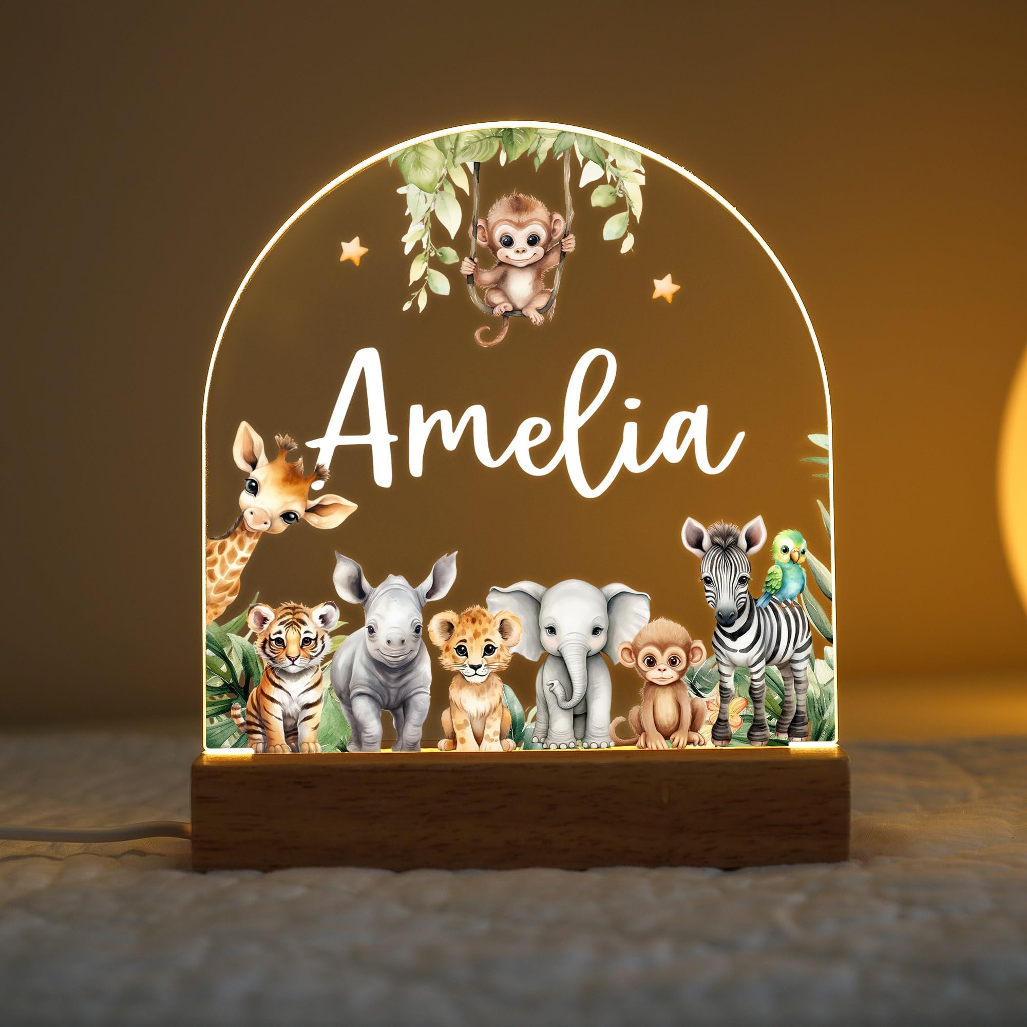 Personalised LED Night Light Lamp, Safari Animals Kids Light Gift, Flower Light, Baby Girl Light, Birthday Gifts, Bedroom Nursery Light
