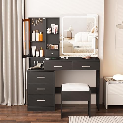 Miniatura 1 de Fameill Escritorio de tocador de maquillaje con espejo y luces, juego de mesa de tocador blanco con estación de carga, tocador con gabinete RGB,