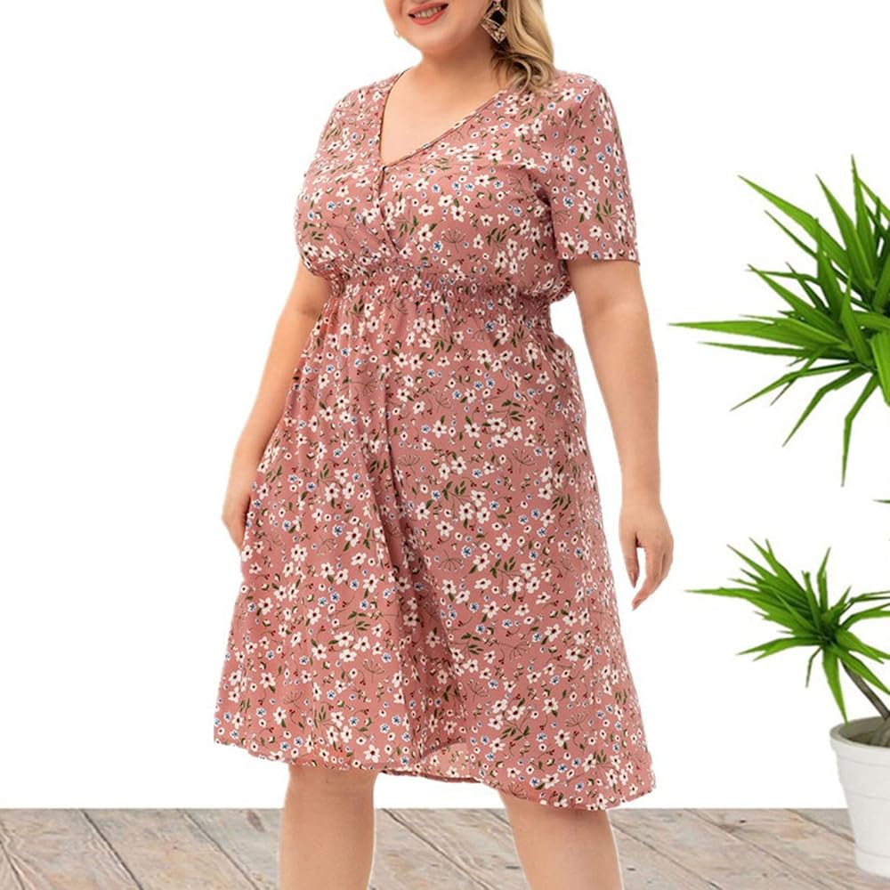 Knee Length Floral Midi Dress for Plus Women Button Down Collared  Shirtdress 1950s Retro Vintage Rockabilly Dresses Pink at Amazon Women's  Clothing store