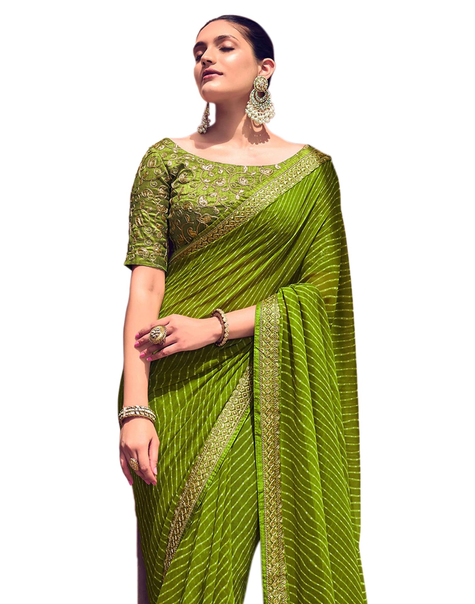 Leheriya Printed & Lace Georgette Saree With Unstitched Blouse Piece