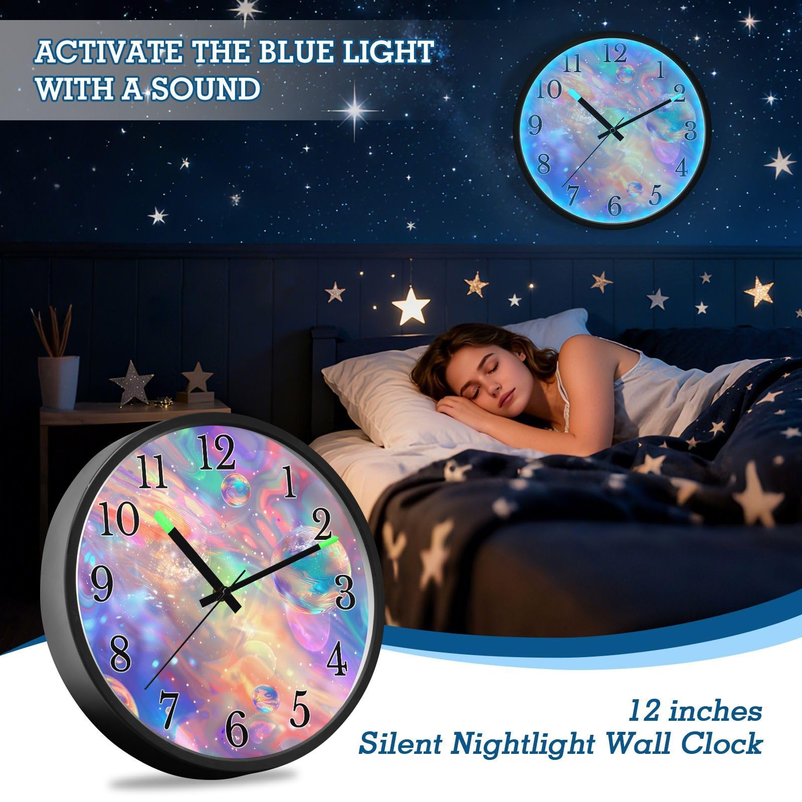 Mnsruu Reloj de pared luminoso con diseño holográfico de galaxia rosa, funciona con pilas, reloj silencioso que brilla en la oscuridad, para sala de estar, cocina, 30,5 cm