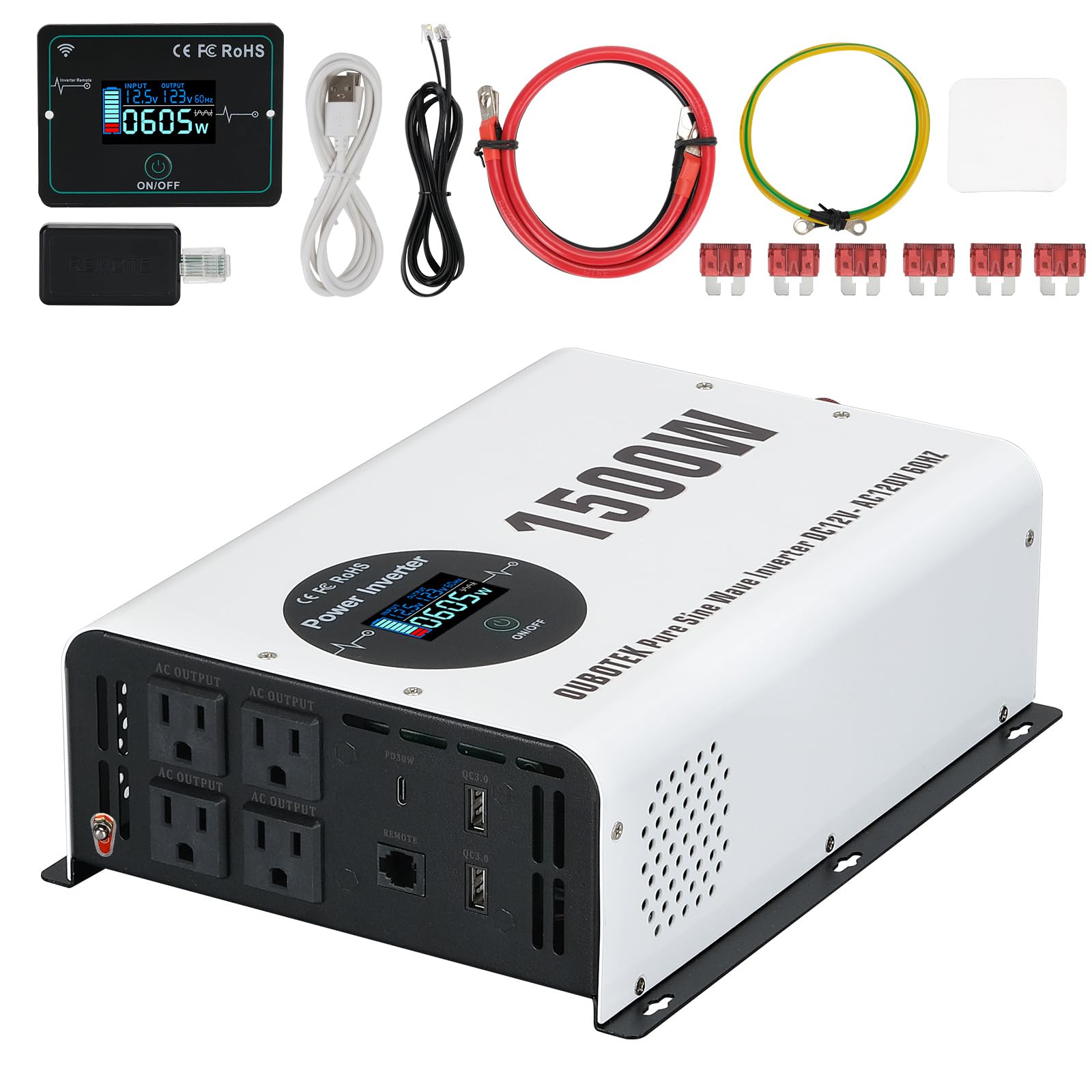 OUBOTEK 1500W Pure Sine Wave Power Inverter with Peak 3000W,12V to 120V AC Converter, Wireless Remote, 4 AC Outlets, 2 USB Ports and Type-C for RV, Solar Off-Grid