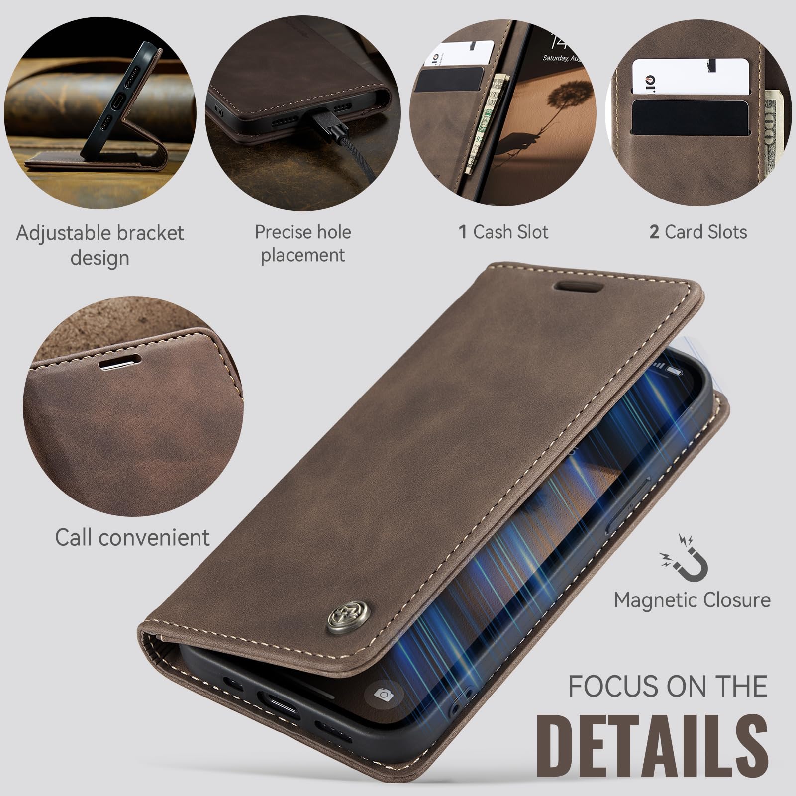 Azororo Cover per iPhone 15 ProMax 5G, Premium PU Pelle Custodia, Magnetica Carta Fessura Portafoglio Case, Flip Cavalletto Custodia per iPhone 15 ProMax - Caffè