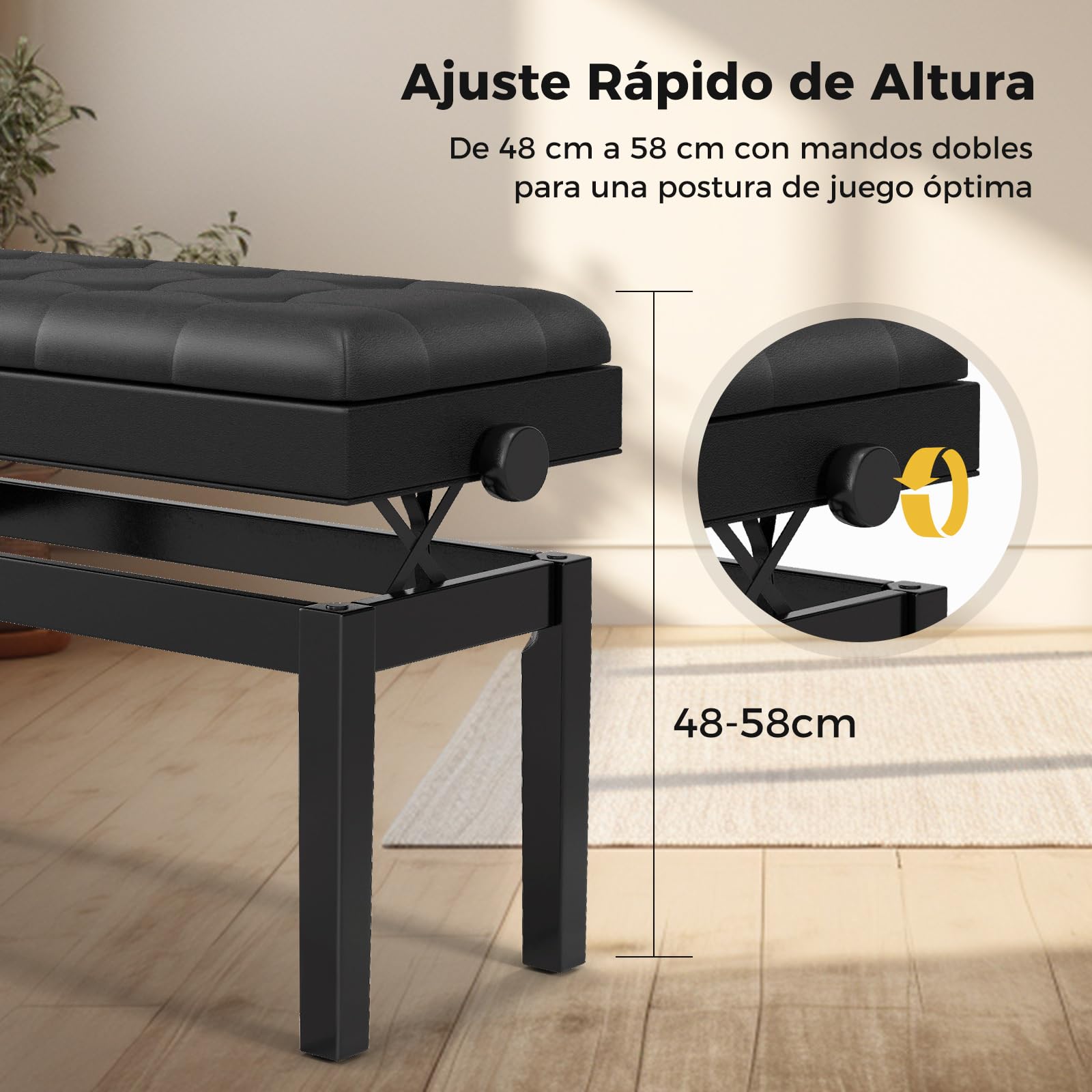 COSTWAY Banco de Piano Regulable con Almacenamiento, Banco Doble de Madera Robusta con Cojín Acolchado Impermeable de PU para Teclado, Taburete para Piano con Espacio para Partituras, Negro