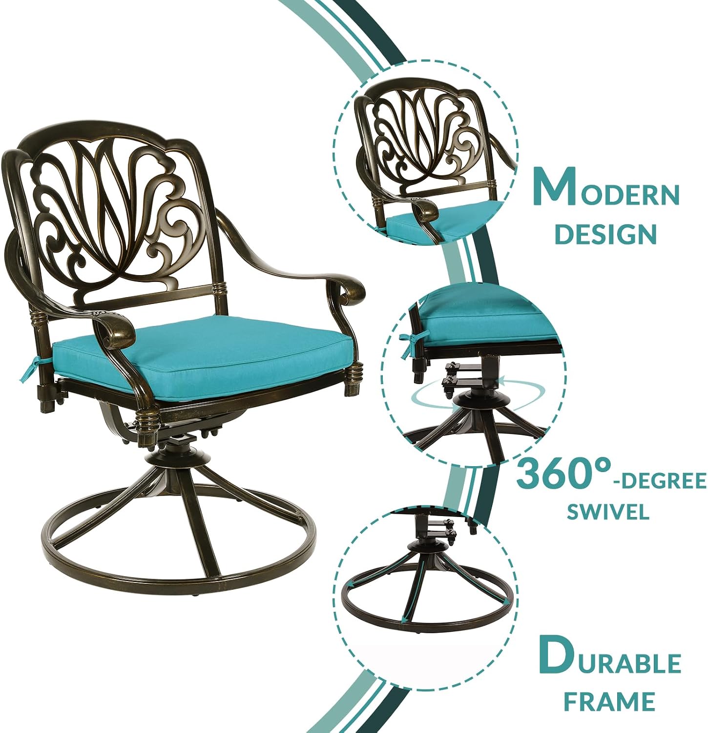 MEETWARM 3-Piece Outdoor Patio Dining Set, All-Weather Cast Aluminum Patio Conversation Set for Backyard Garden Deck with 2 Cushions Swivel Rocker Chairs and 31" Round Table, Umbrella Hole, Ocean Blue