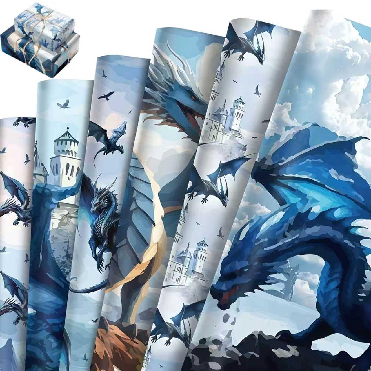 6 Sheets Dragon Wrapping Paper, Birthday Wrapping Papers Roll, Blue Gift Wrap Dragon Gift Wrapping Paper for Men Boys Christmas Birthday Party Supplies Festive Decoration, 70x50cm