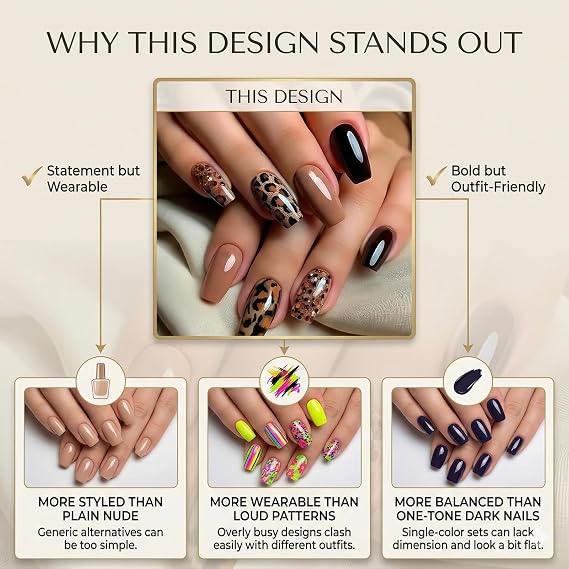 Leopard Print French Tip Glitter Press On Nails - Short Coffin Shape Premium Fake Nails With Tools For Women, Easy Apply Salon Quality Manicure Kit Trendy Mix Match Design