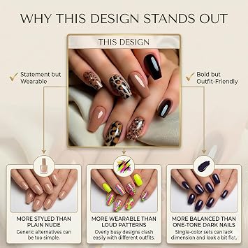 Leopard Print French Tip Glitter Press On Nails - Short Coffin Shape Premium Fake Nails With Tools For Women, Easy Apply Salon Quality Manicure Kit Trendy Mix Match Design