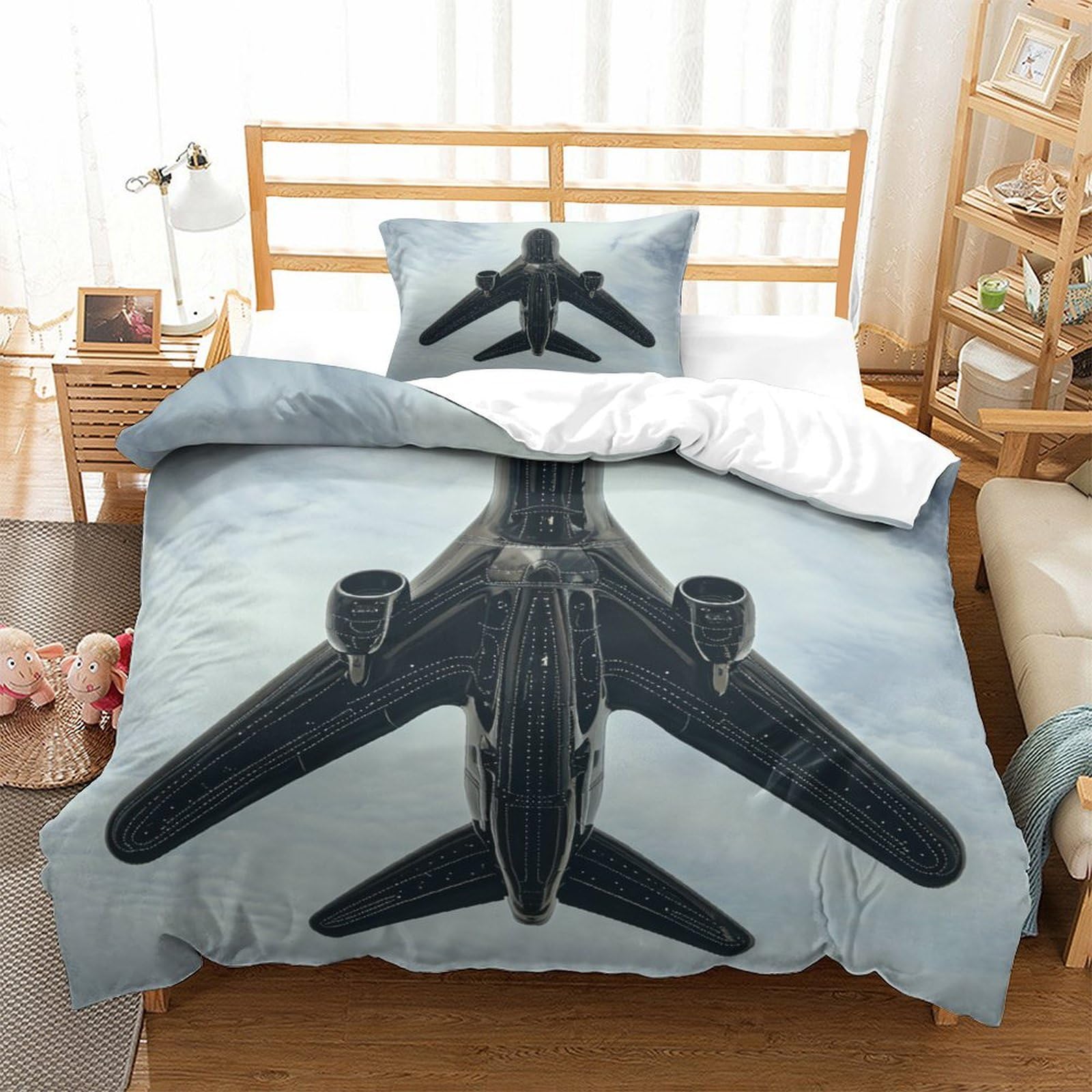 P1S9U7W5Y Creative Airplane 3D Printed Duvet Cover Set 3pcs Microfiber Aircraft Bedding Set Single（135x200cm）
