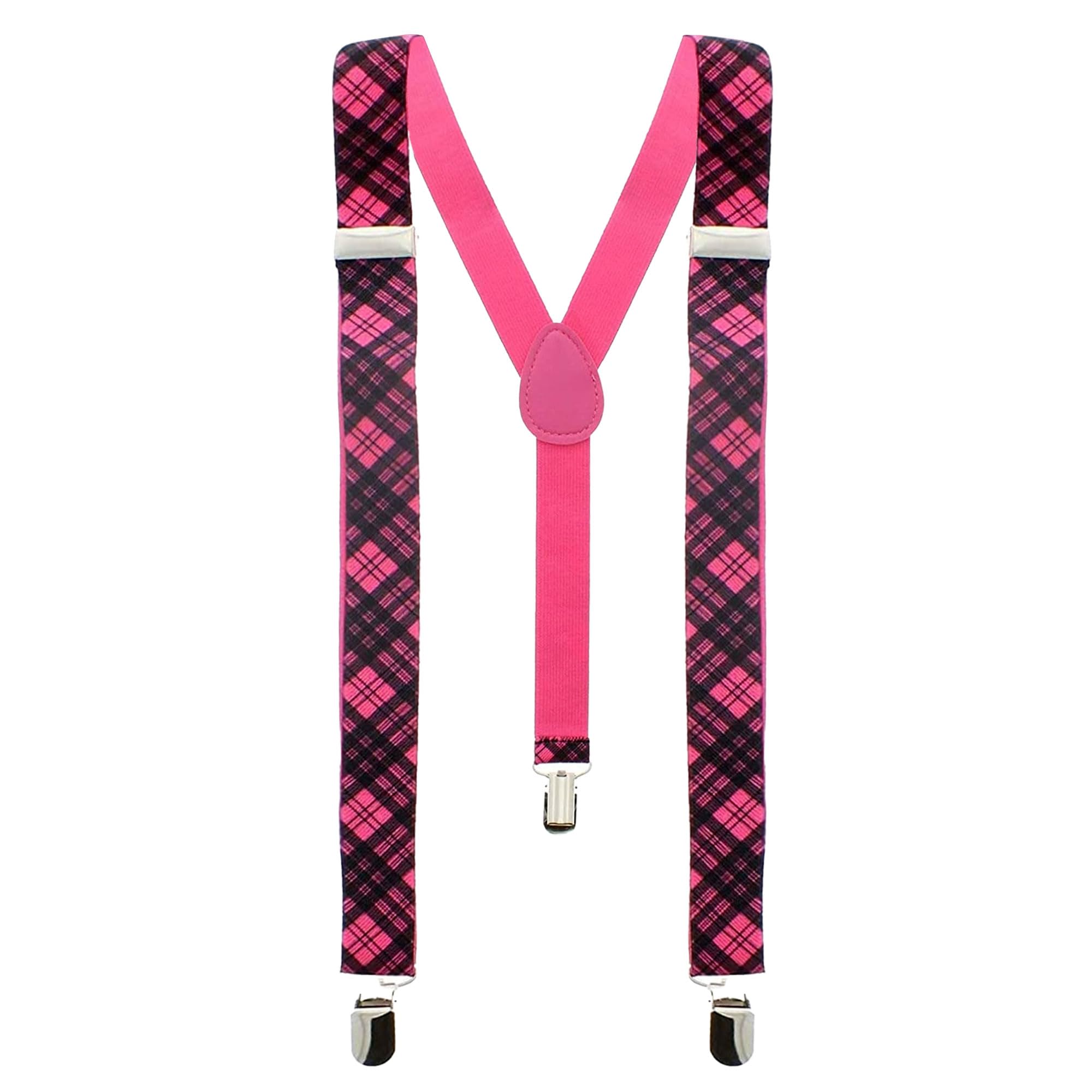 The Fancy Dress® Unisex Adult Child Adjustable BRACES SUSPENDERS Slim Trouser Belt Y Clip On Fancy Dress Mens 25 mm with Strong Metal Clip (Pink Tartan)