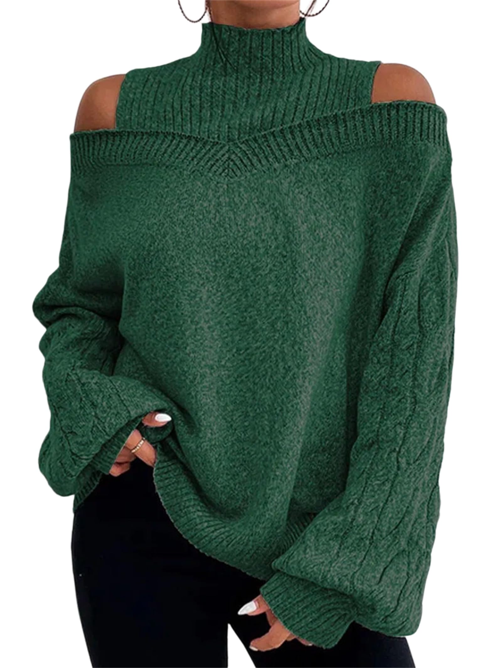 Maglione da donna a collo alto, con spalle scoperte, lavorato a maglia, a